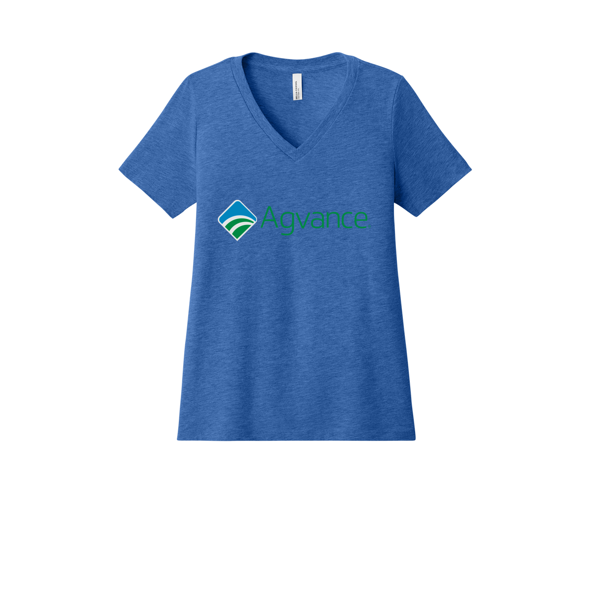 agvance-womens-relaxed-v-neck-tee-dtf-front-6405CVC-heathertrueroyal-flat-front