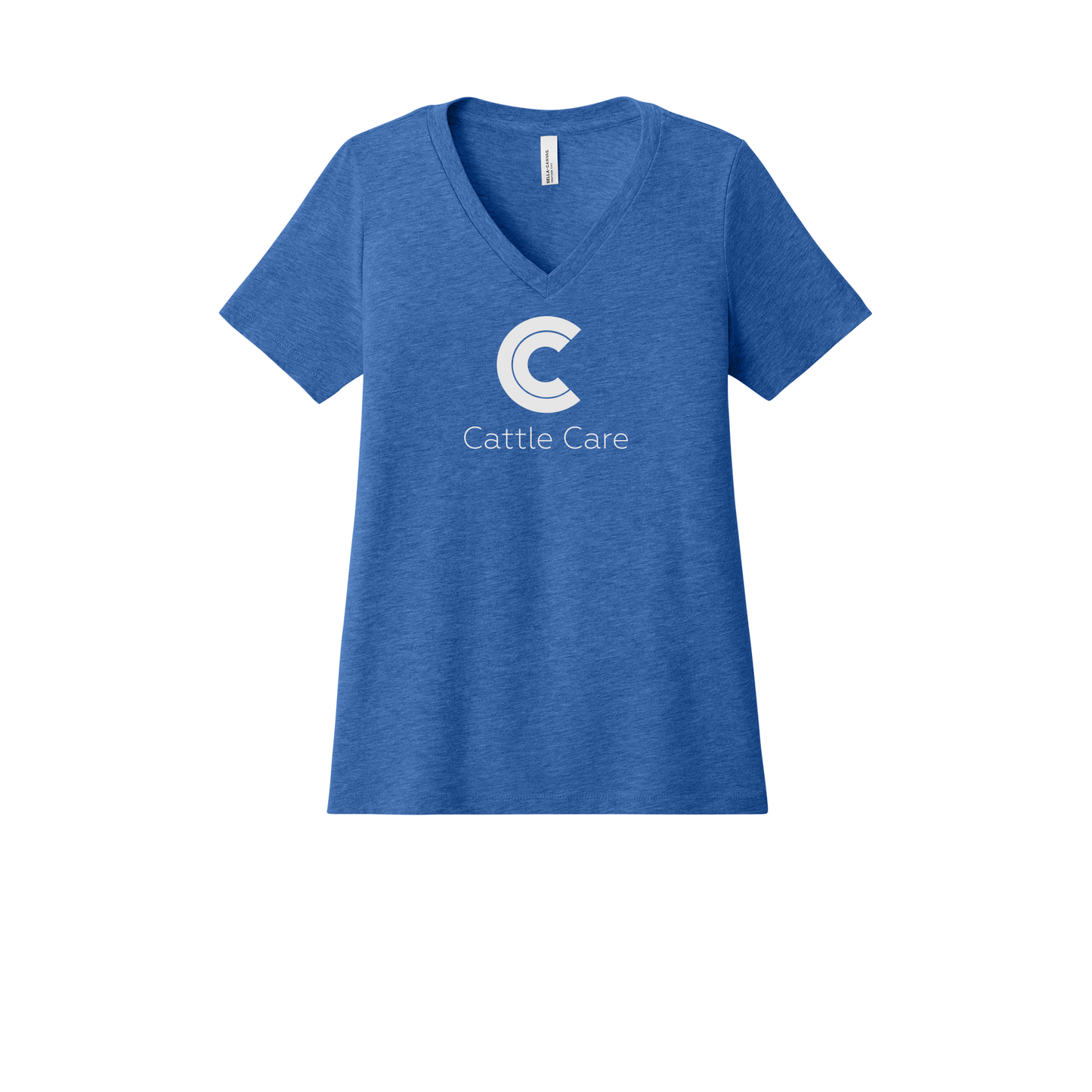 cattle-care-womens-relaxed-v-neck-tee-dtf-front-6405CVC-heathertrueroyal-flat-front