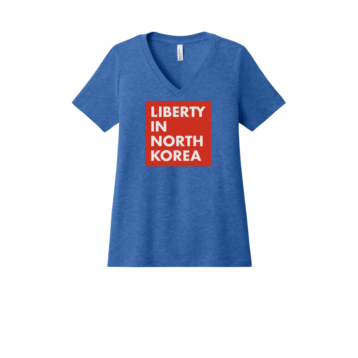 libertyinnorthkorea-womens-relaxed-v-neck-tee-dtf-front-6405CVC-heathertrueroyal-flat-front