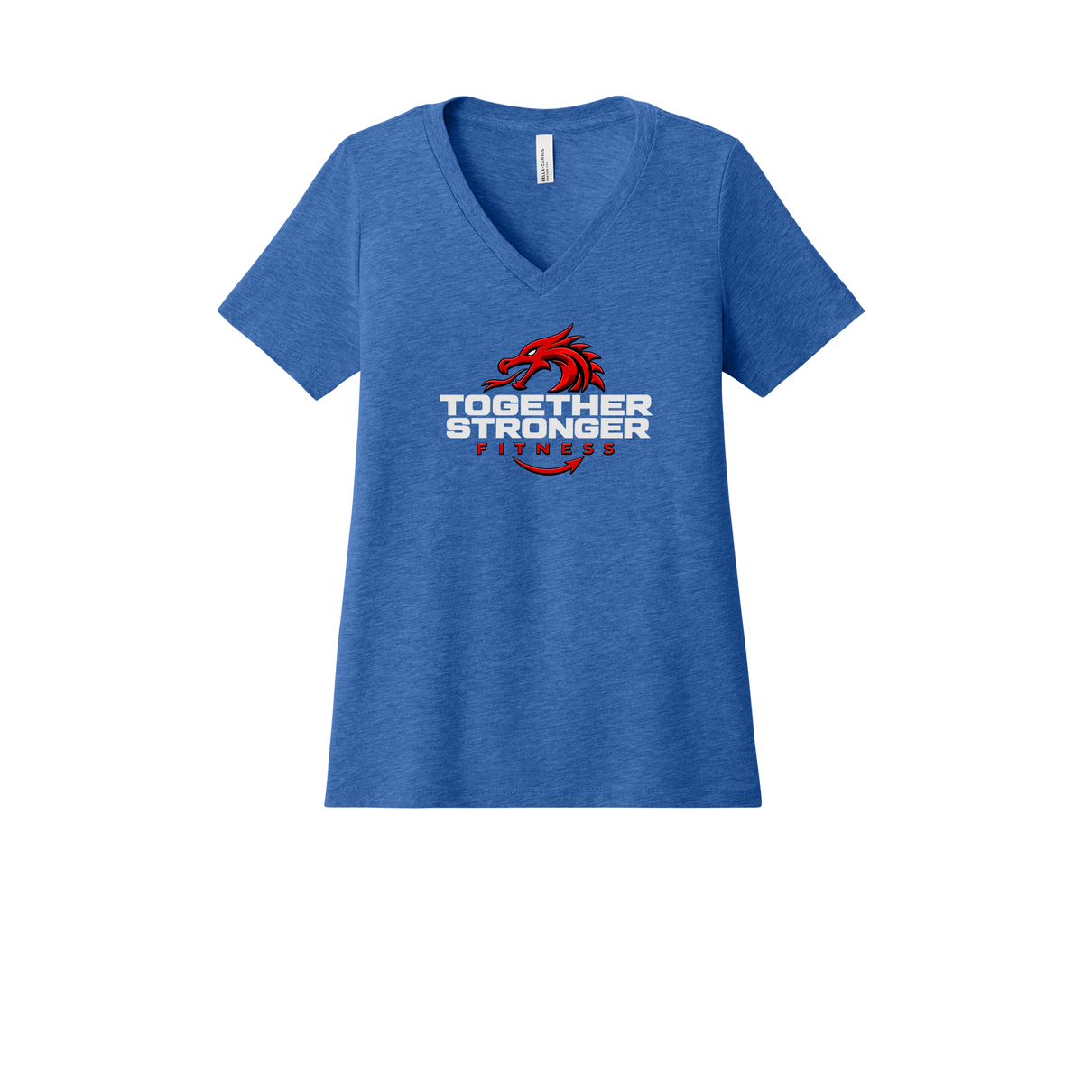 togetherstrongerfitness-womens-relaxed-v-neck-tee-dtf-front-6405CVC-heathertrueroyal-flat-front