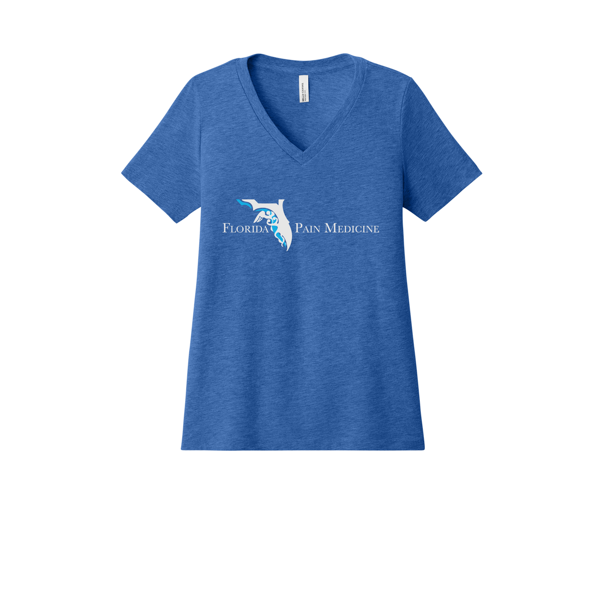 floridapainmedicine-womens-relaxed-v-neck-tee-dtf-front-6405CVC-heathertrueroyal-flat-front