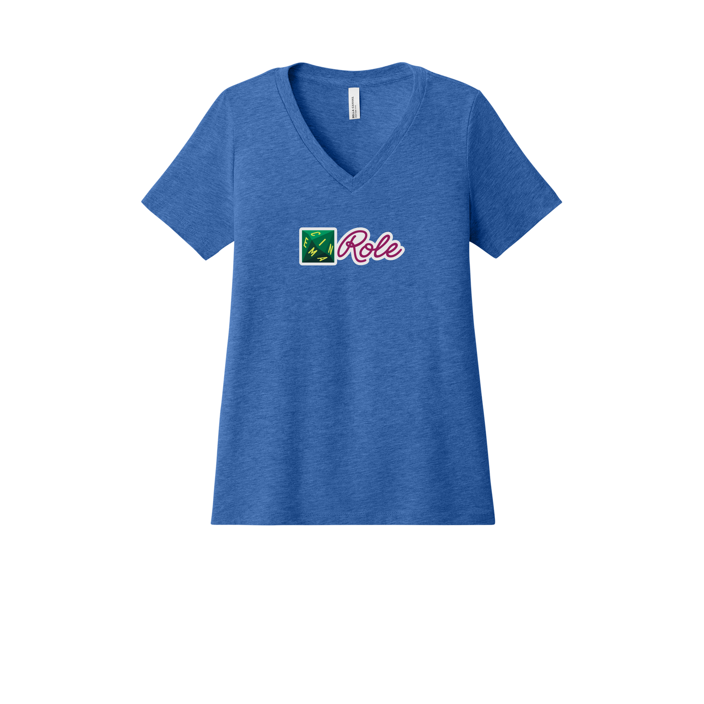 cinemarole-womens-relaxed-v-neck-tee-dtf-front-6405CVC-heathertrueroyal-flat-front
