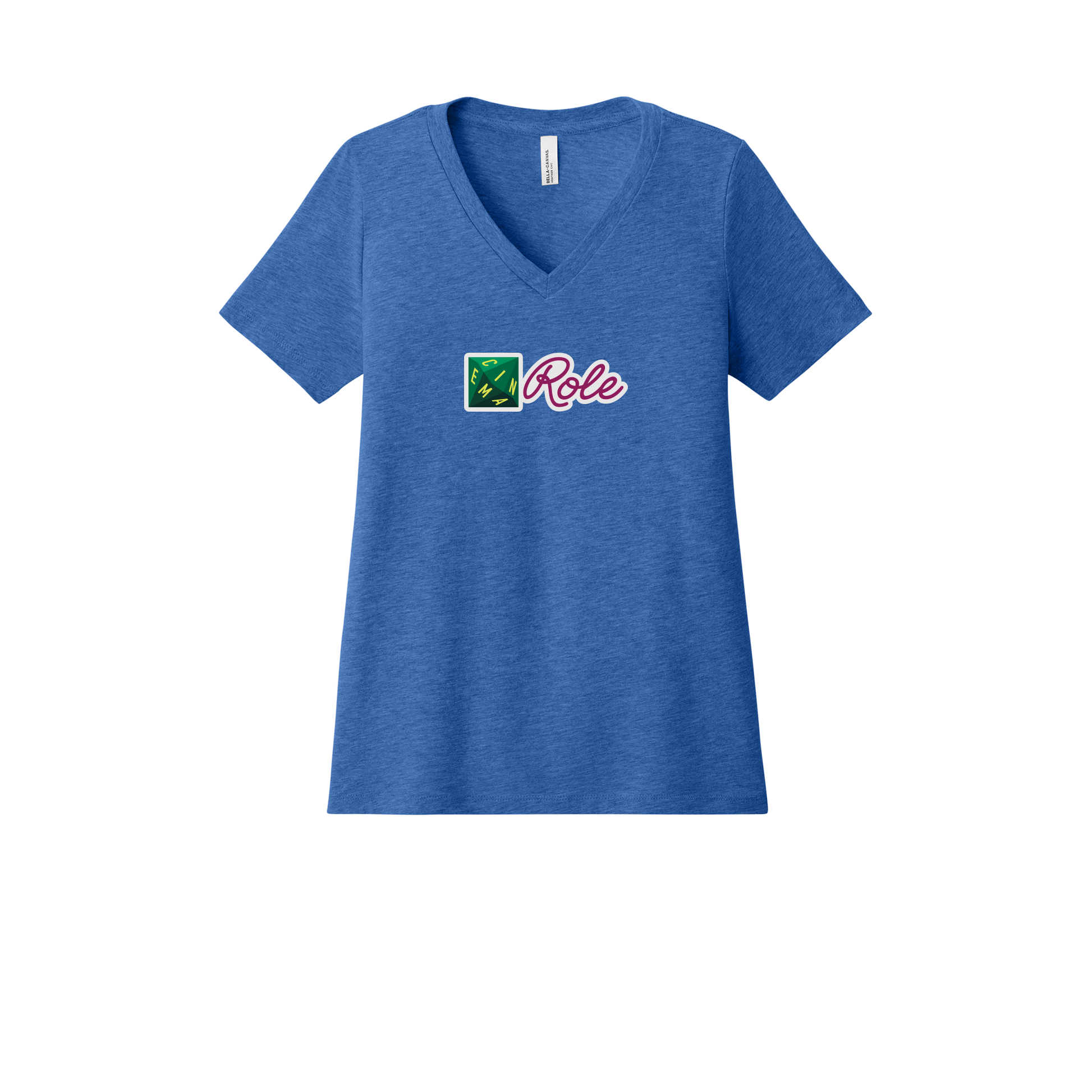 cinemarole-womens-relaxed-v-neck-tee-dtf-front-6405CVC-heathertrueroyal-flat-front