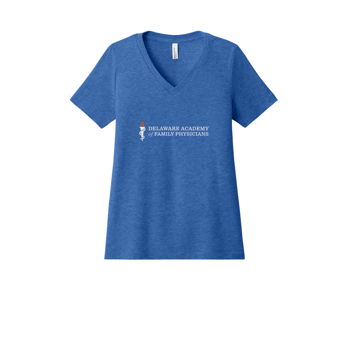 delfamdoc-womens-relaxed-v-neck-tee-dtf-front-6405CVC-heathertrueroyal-flat-front