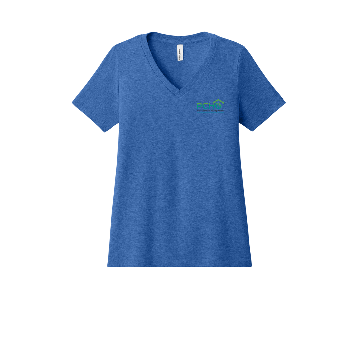 pcho-womens-relaxed-v-neck-tee-dtf-leftchest-6405CVC-heathertrueroyal-flat-front