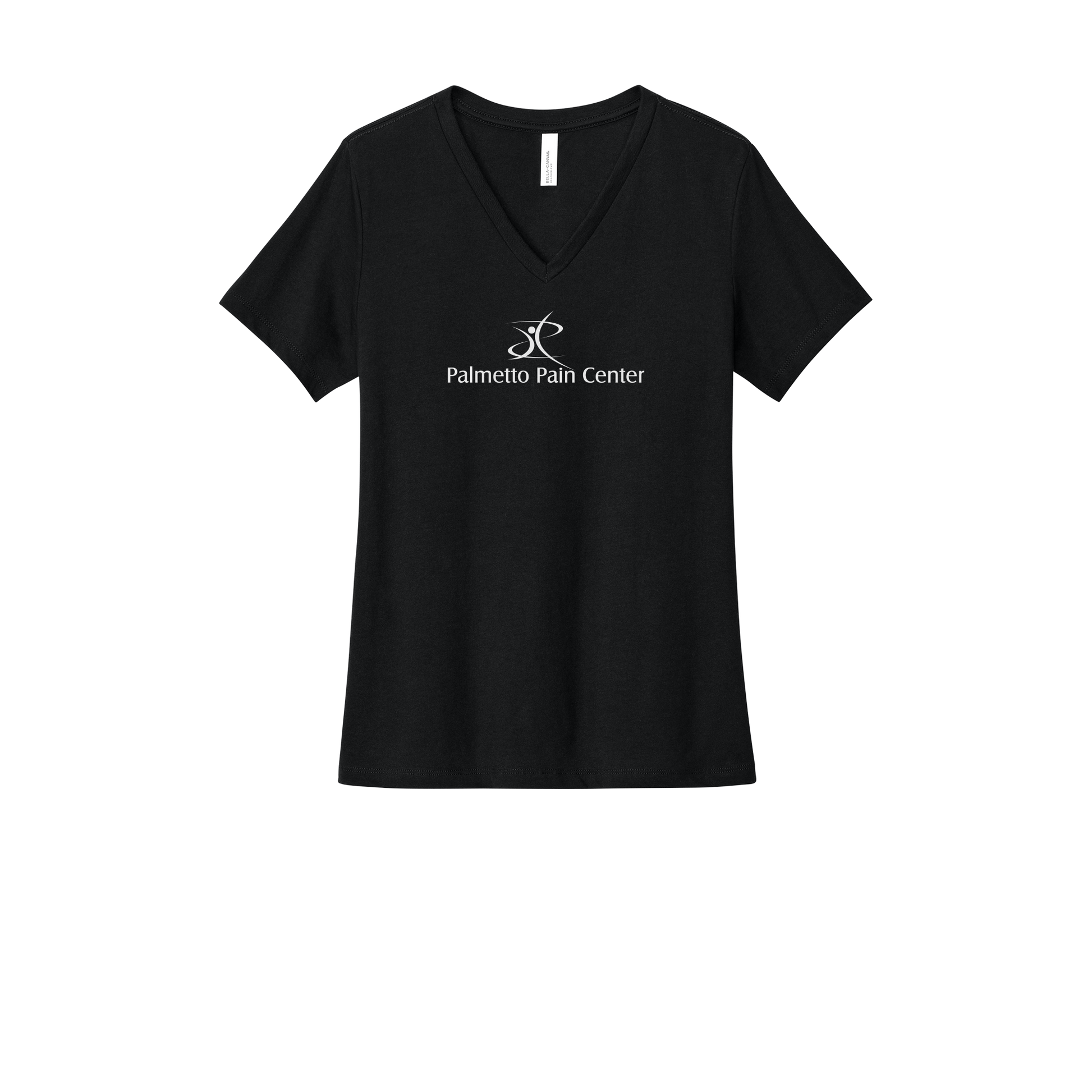 palmetto-pain-center-womens-relaxed-v-neck-tee-dtf-front-6405CVC-solidblackblend-flat-front