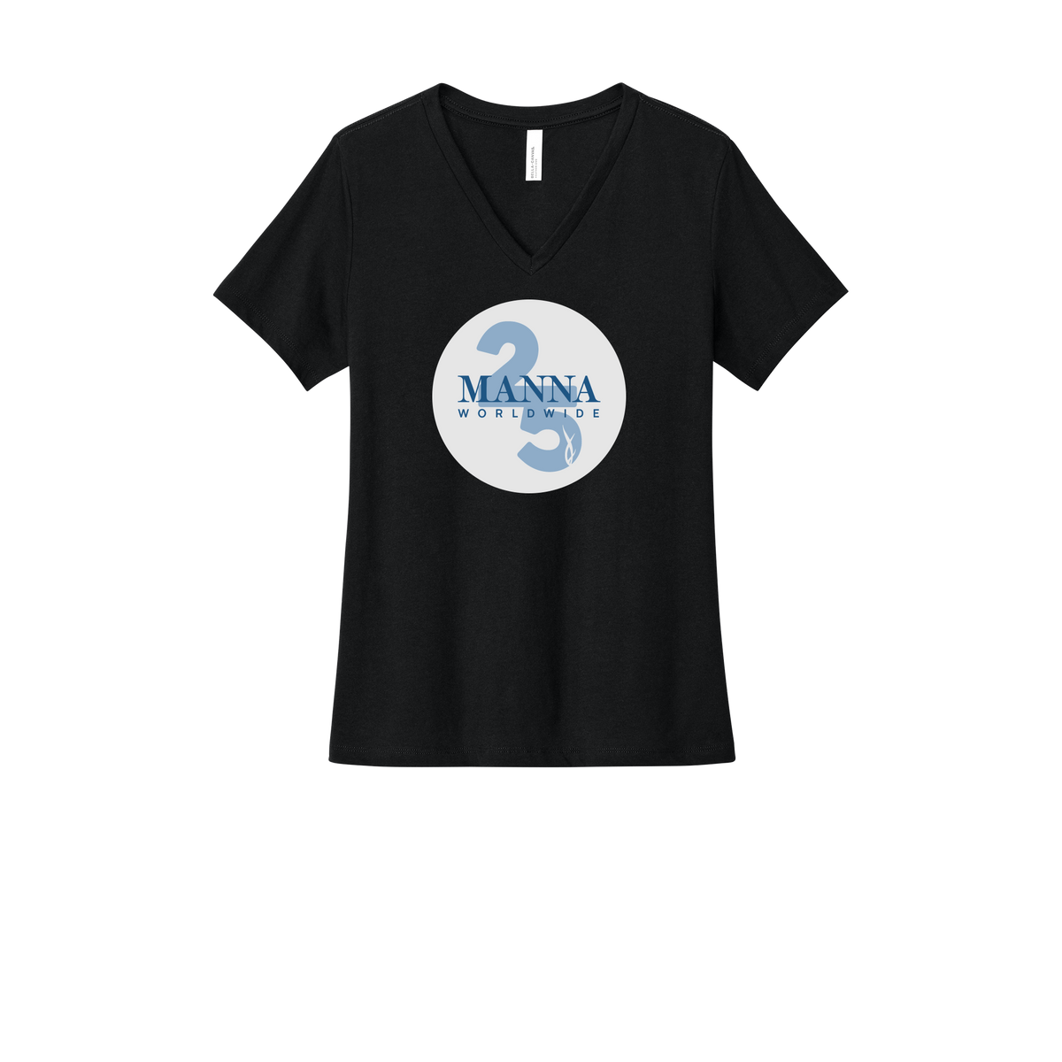 mannaworldwide-womens-relaxed-v-neck-tee-dtf-front-6405CVC-solidblackblend-flat-front