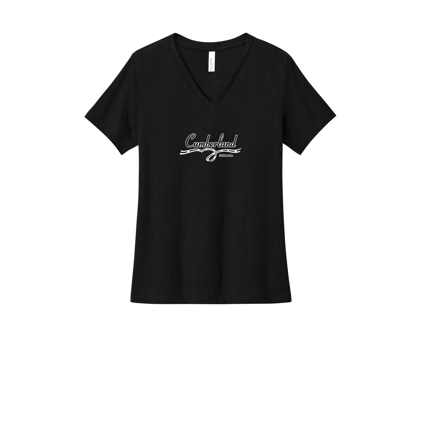 cumberland-womens-relaxed-v-neck-tee-dtf-front-6405CVC-solidblackblend-flat-front