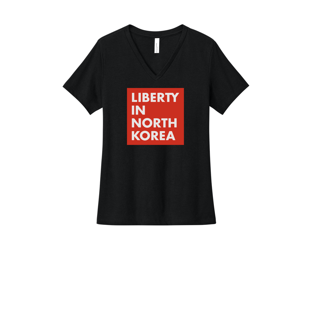 libertyinnorthkorea-womens-relaxed-v-neck-tee-dtf-front-6405CVC-solidblackblend-flat-front