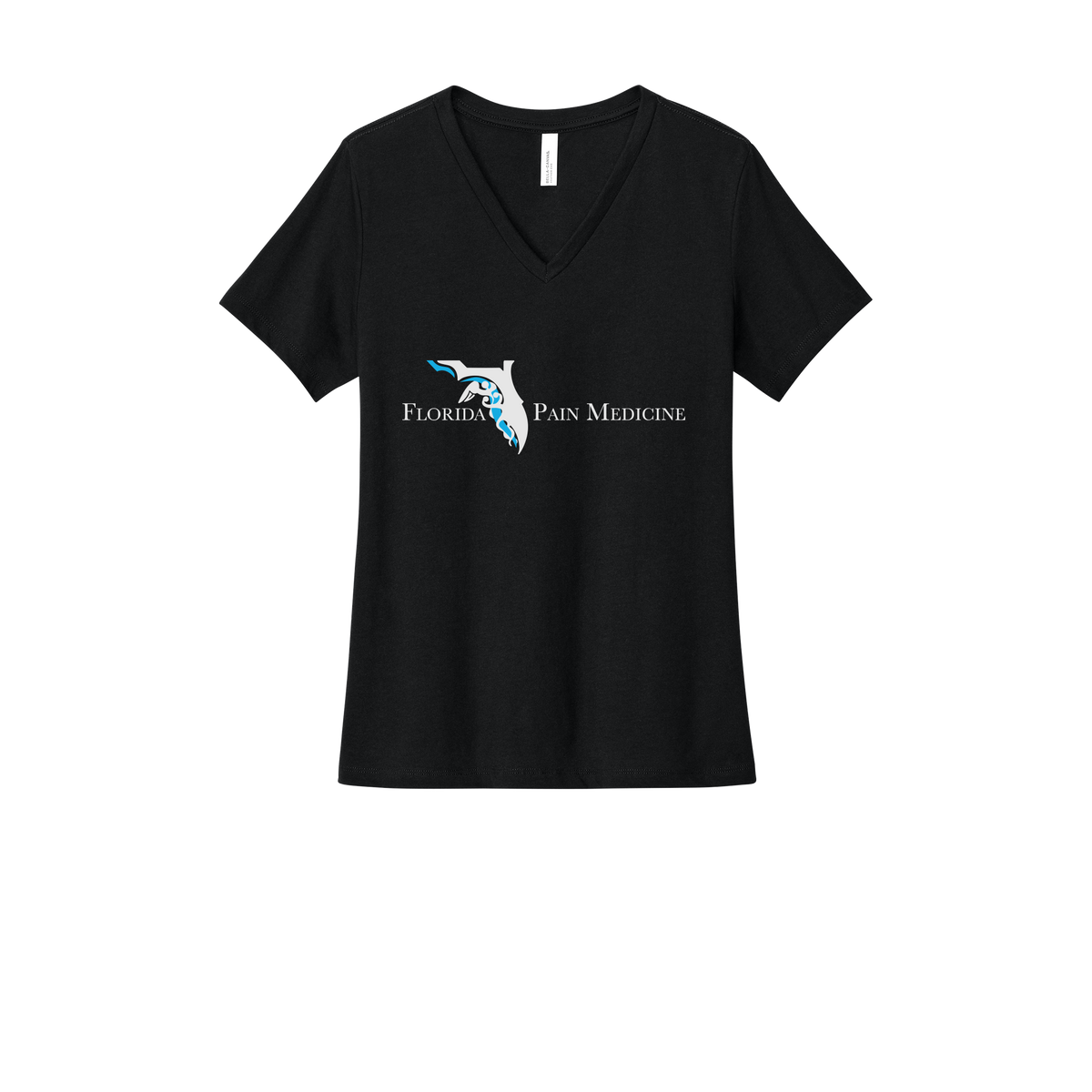 floridapainmedicine-womens-relaxed-v-neck-tee-dtf-front-6405CVC-solidblackblend-flat-front