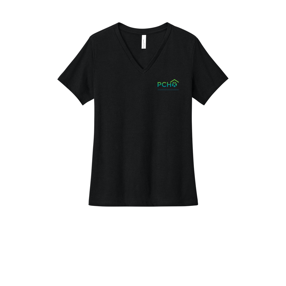 pcho-womens-relaxed-v-neck-tee-dtf-leftchest-6405CVC-solidblackblend-flat-front