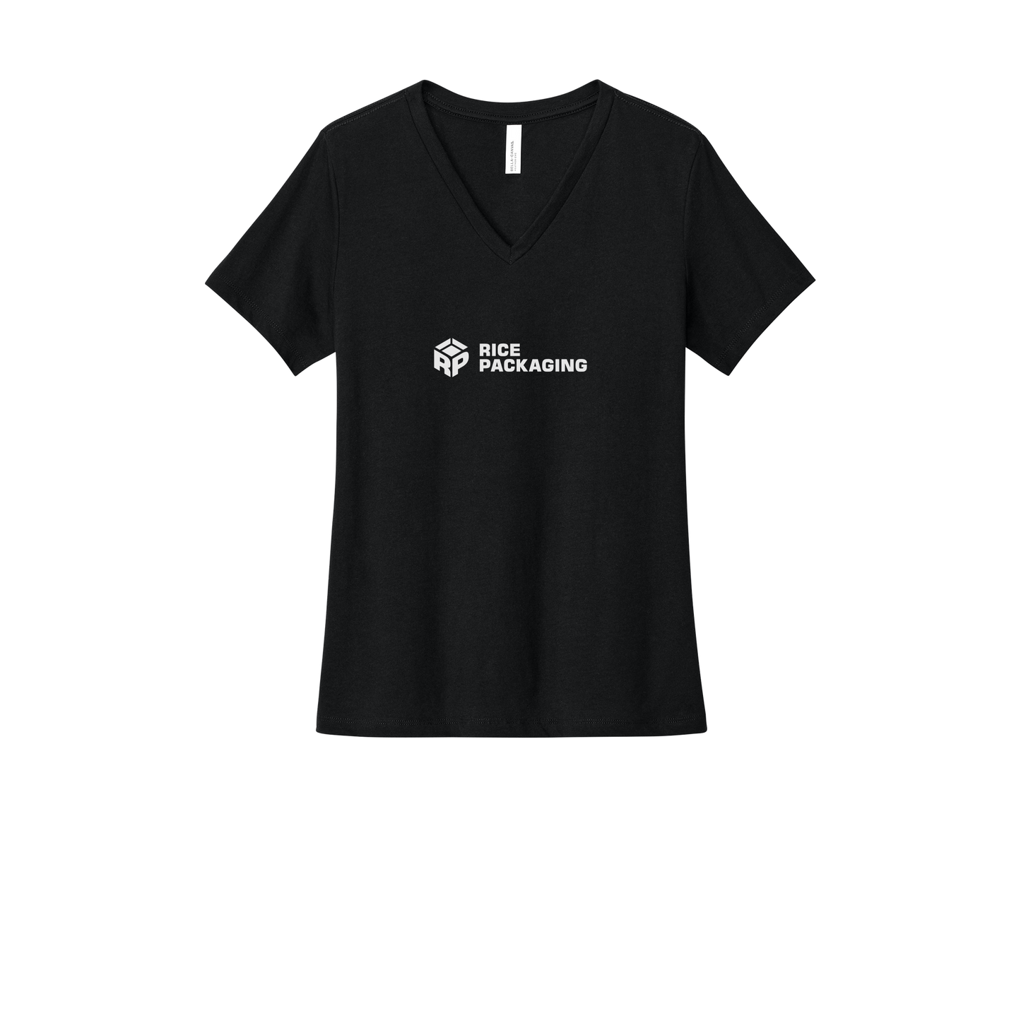 ricepackaging-womens-relaxed-v-neck-tee-dtf-front-6405CVC-solidblackblend-flat-front