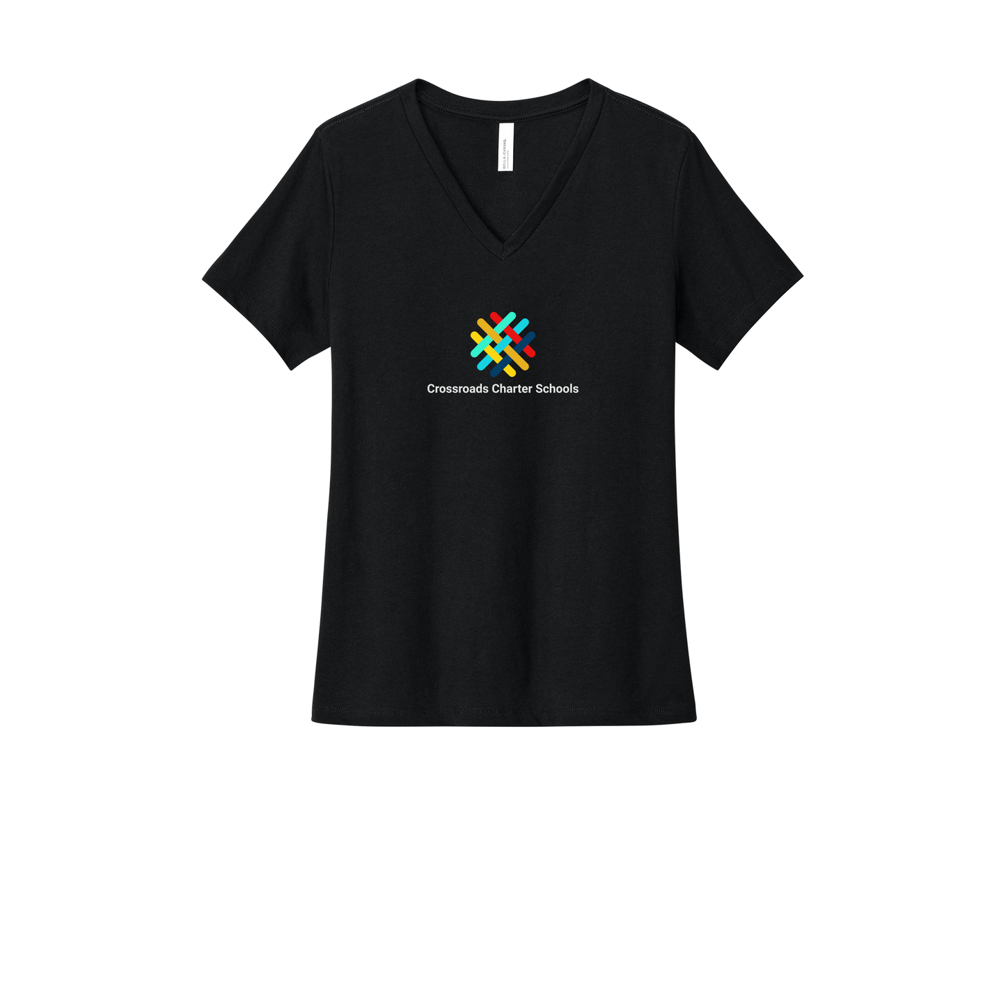 crossroadsschoolskc-womens-relaxed-v-neck-tee-dtf-front-6405CVC-solidblackblend-flat-front