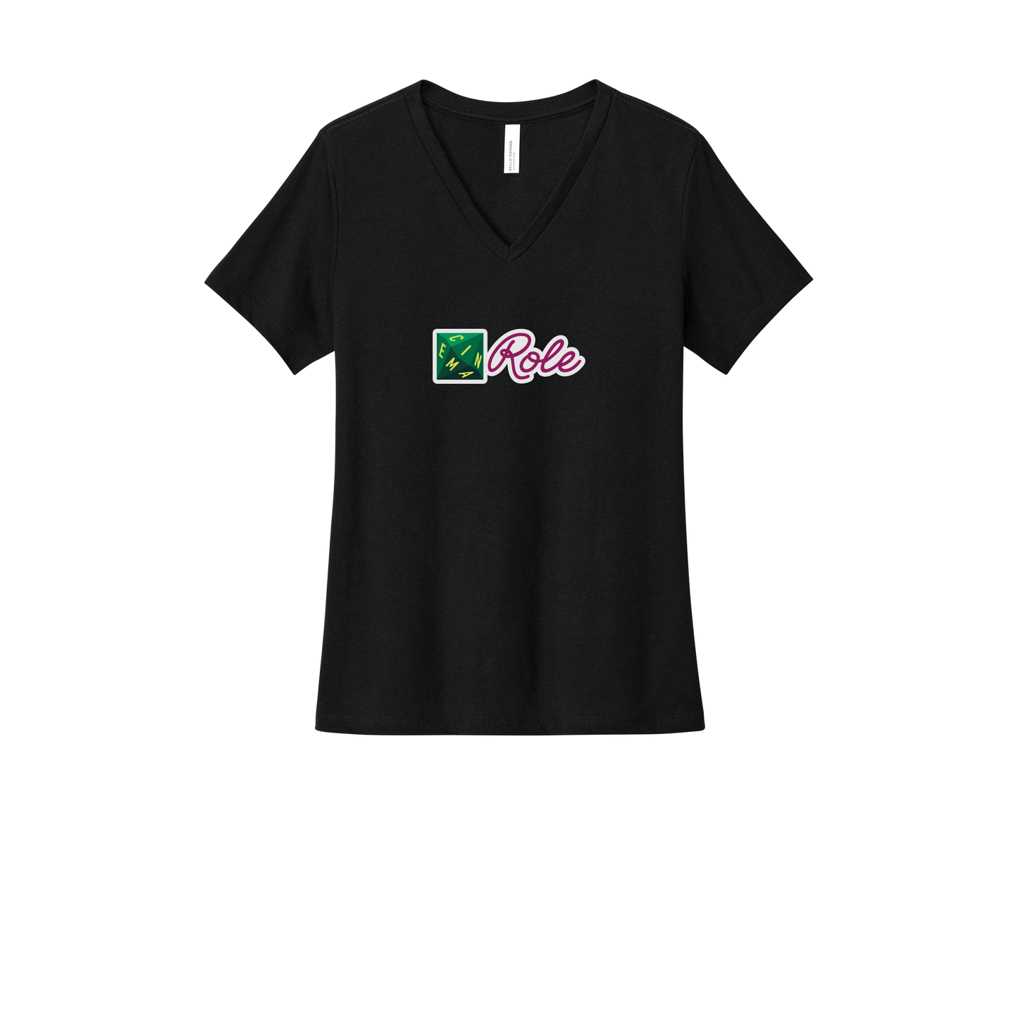cinemarole-womens-relaxed-v-neck-tee-dtf-front-6405CVC-solidblackblend-flat-front