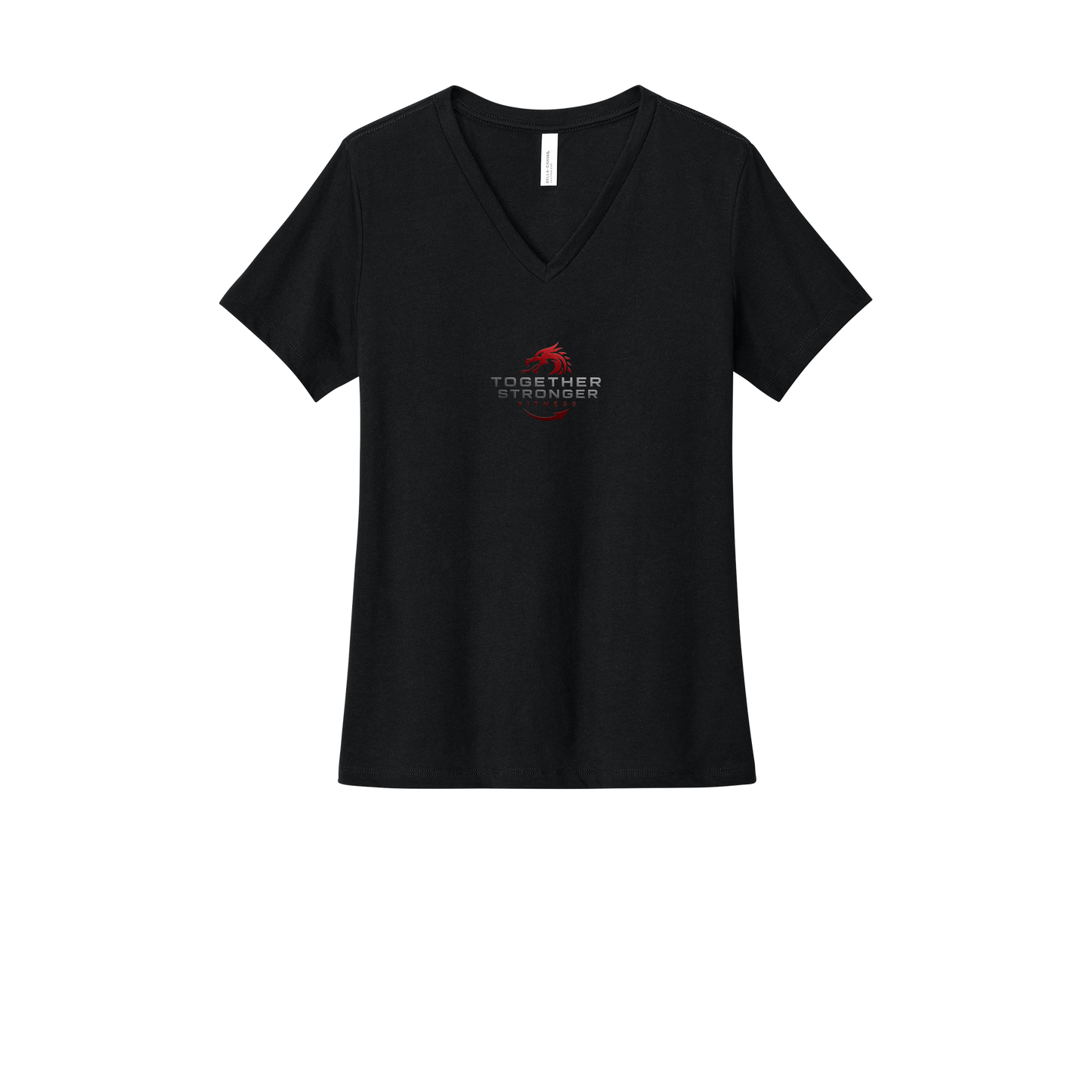 togetherstrongerfitness-womens-relaxed-v-neck-tee-dtf-front-6405CVC-solidblackblend-flat-front