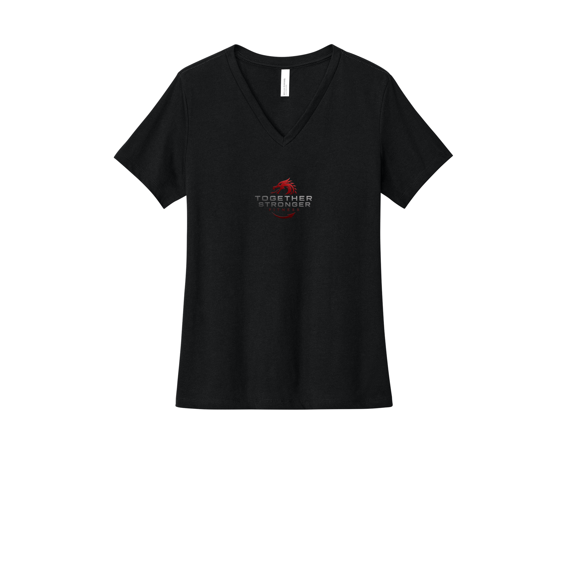 togetherstrongerfitness-womens-relaxed-v-neck-tee-dtf-front-6405CVC-solidblackblend-flat-front