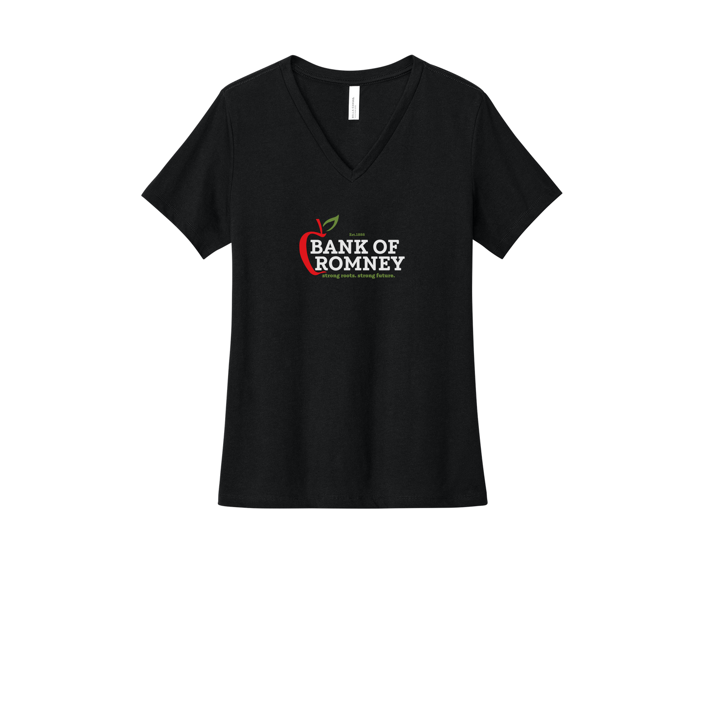 bankofromney-womens-relaxed-v-neck-tee-dtf-front-6405CVC-solidblackblend-flat-front