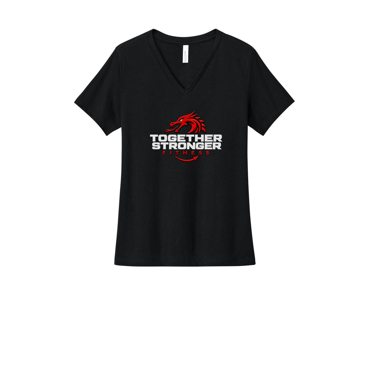 togetherstrongerfitness-womens-relaxed-v-neck-tee-dtf-front-6405CVC-solidblackblend-flat-front