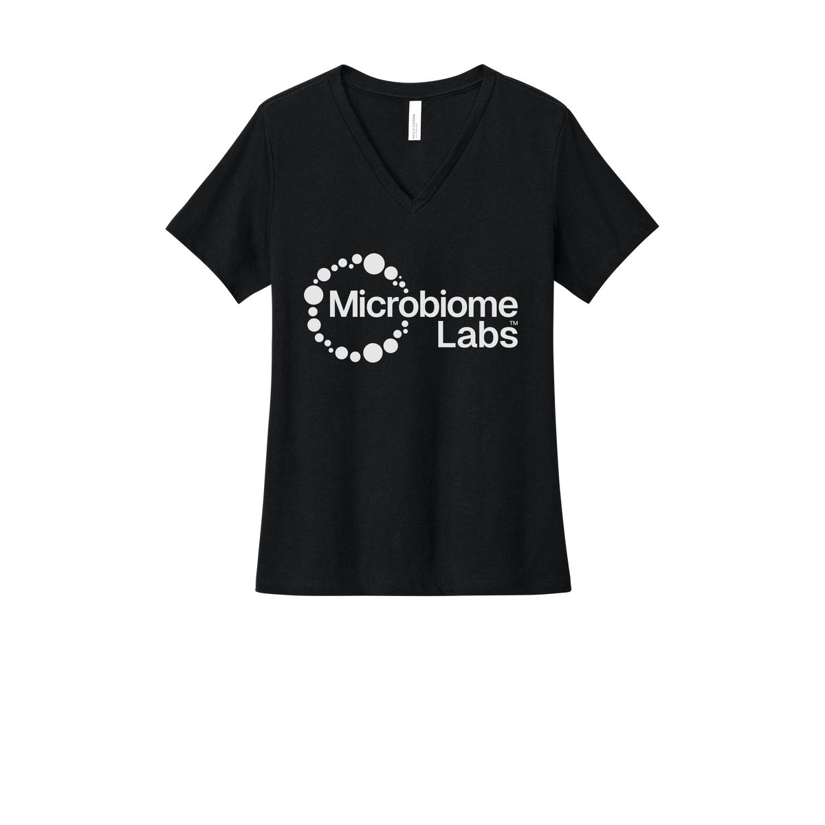 microbiomelabs-womens-relaxed-v-neck-tee-dtf-front-6405CVC-solidblackblend-flat-front