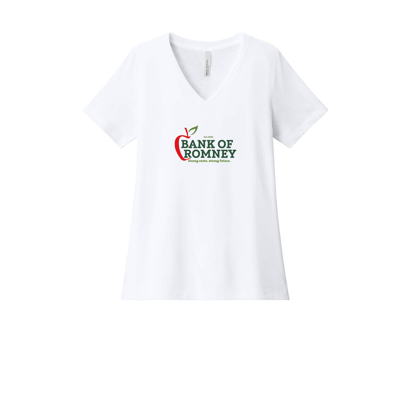 bankofromney-womens-relaxed-v-neck-tee-dtf-front-6405CVC-solidwhiteblend-flat-front