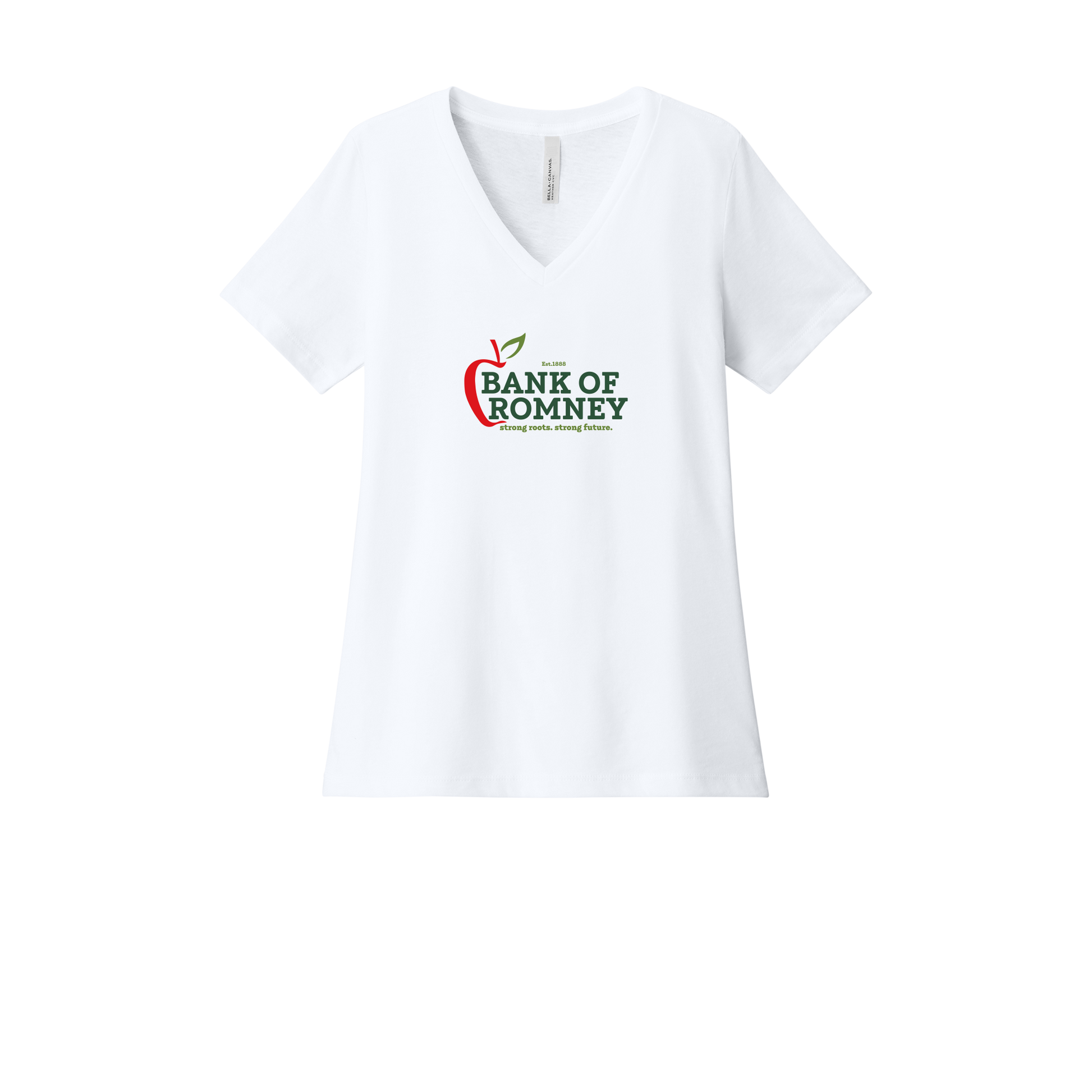 bankofromney-womens-relaxed-v-neck-tee-dtf-front-6405CVC-solidwhiteblend-flat-front