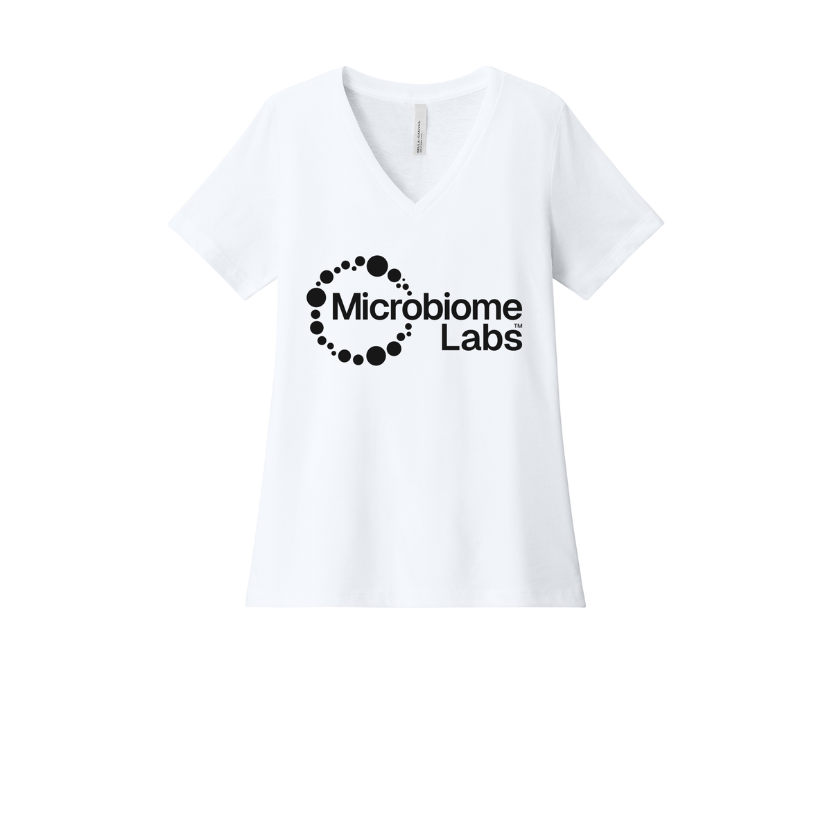 microbiomelabs-womens-relaxed-v-neck-tee-dtf-front-6405CVC-solidwhiteblend-flat-front