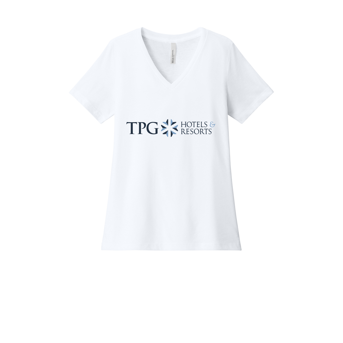 tpghotelsandresorts-womens-relaxed-v-neck-tee-dtf-front-6405CVC-solidwhiteblend-flat-front