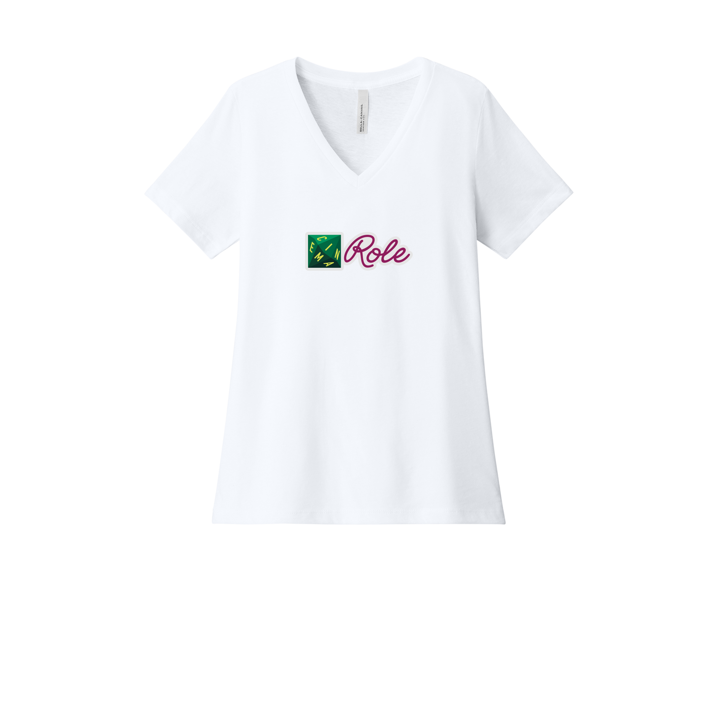 cinemarole-womens-relaxed-v-neck-tee-dtf-front-6405CVC-solidwhiteblend-flat-front