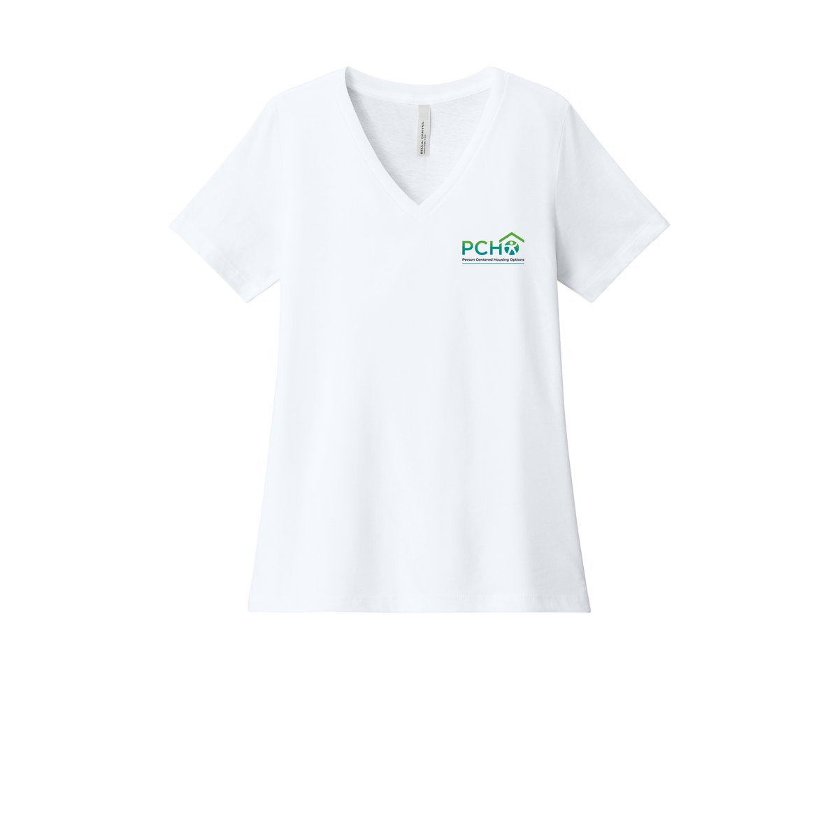 pcho-womens-relaxed-v-neck-tee-dtf-leftchest-6405CVC-solidwhiteblend-flat-front