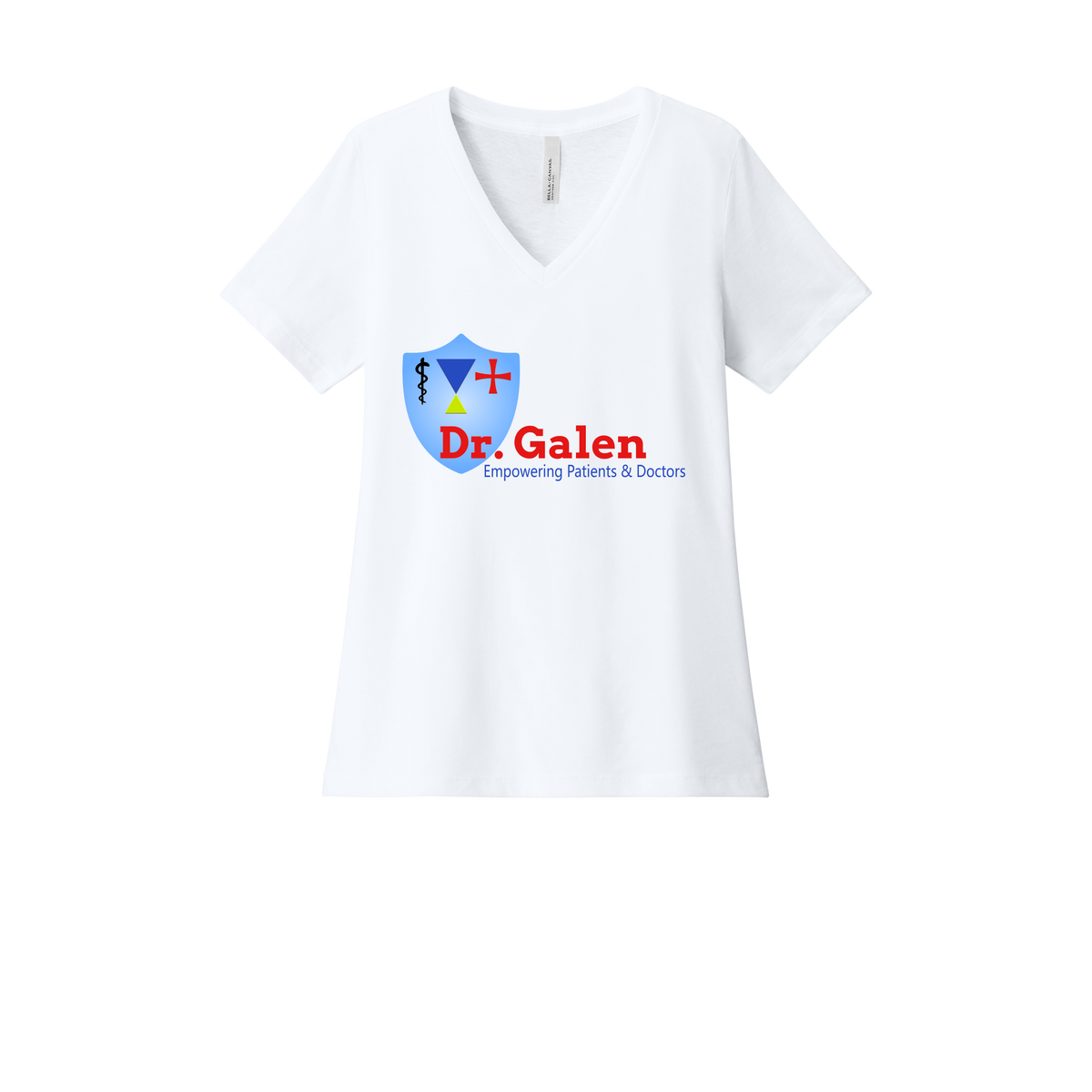 drgalen-womens-relaxed-v-neck-tee-dtf-front-6405CVC-solidwhiteblend-flat-front
