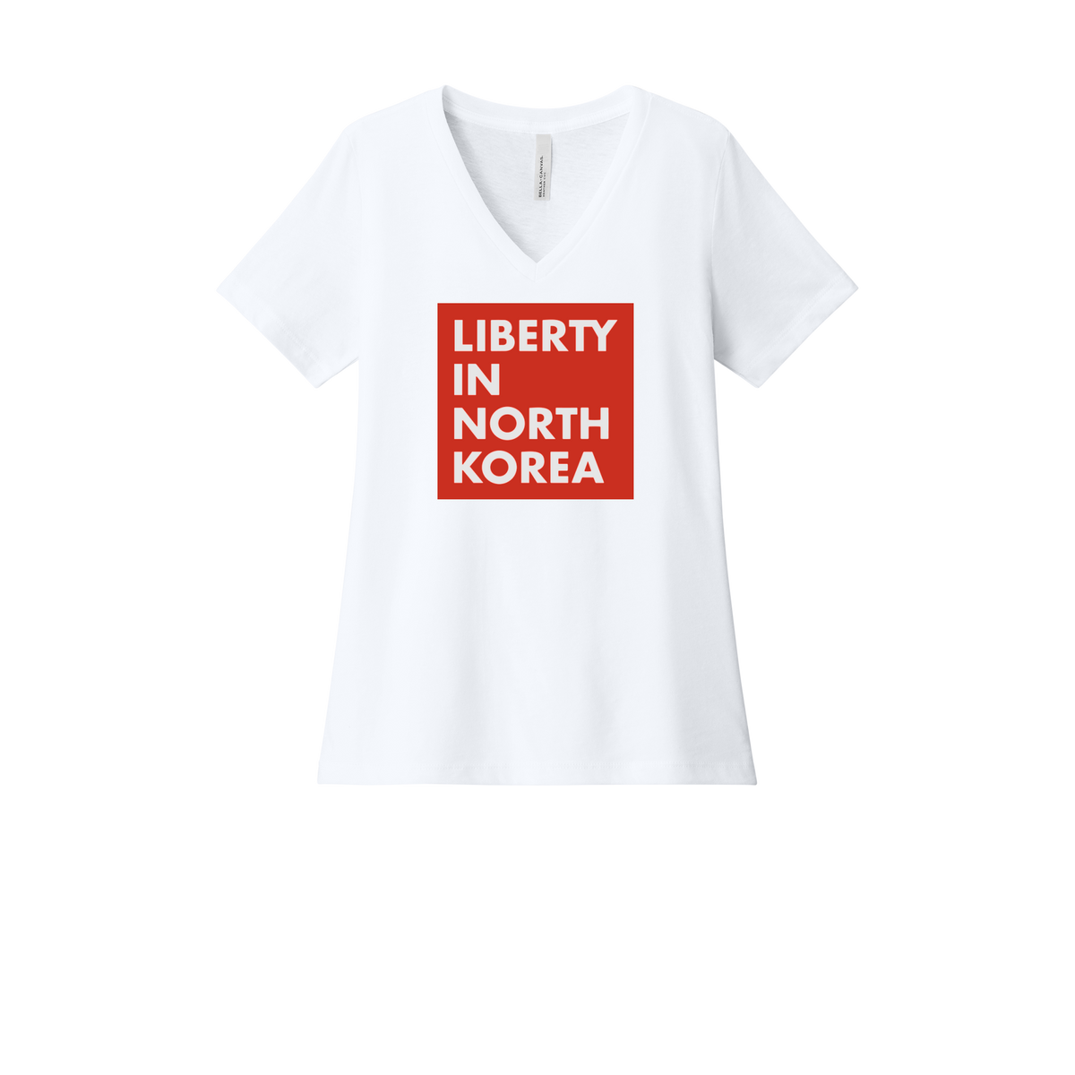 libertyinnorthkorea-womens-relaxed-v-neck-tee-dtf-front-6405CVC-solidwhiteblend-flat-front