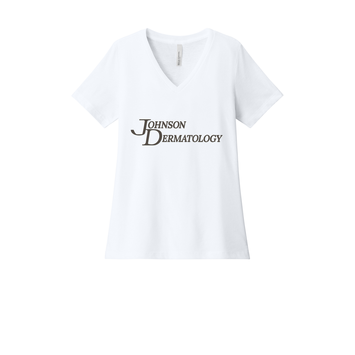 johnsondermatology-womens-relaxed-v-neck-tee-dtf-front-6405CVC-solidwhiteblend-flat-front