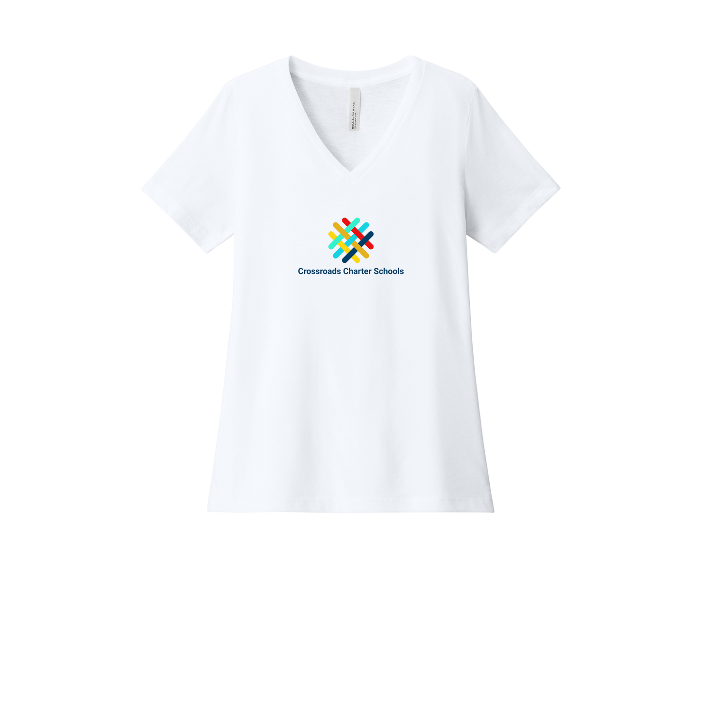 crossroadsschoolskc-womens-relaxed-v-neck-tee-dtf-front-6405CVC-solidwhiteblend-flat-front