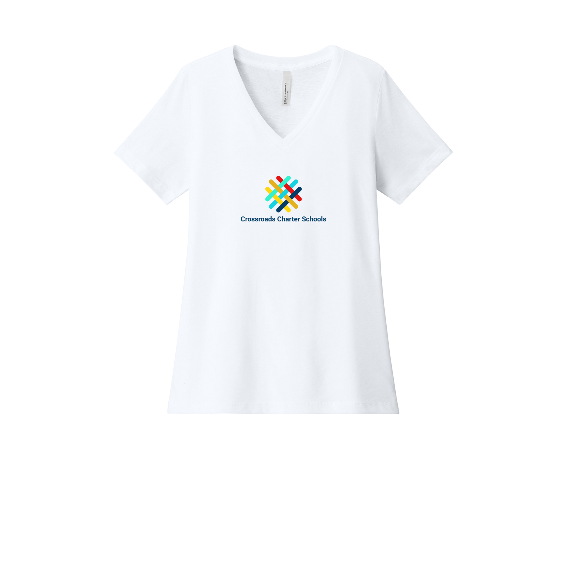crossroadsschoolskc-womens-relaxed-v-neck-tee-dtf-front-6405CVC-solidwhiteblend-flat-front