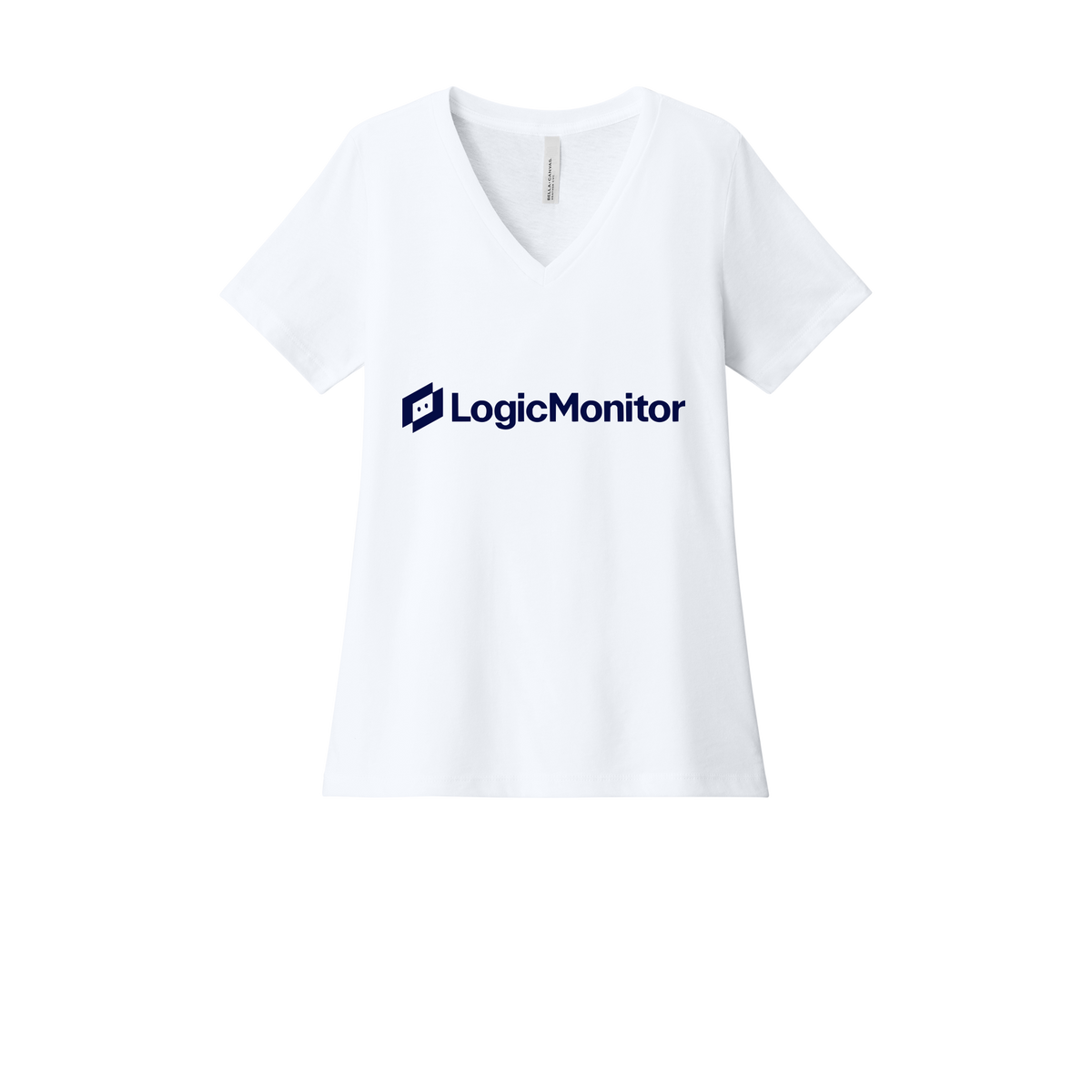 logicmonitor-womens-relaxed-v-neck-tee-dtf-front-6405CVC-solidwhiteblend-flat-front