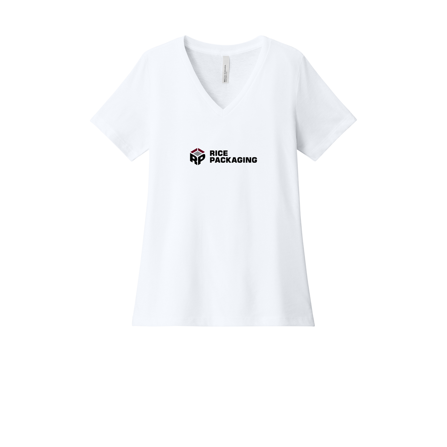 ricepackaging-womens-relaxed-v-neck-tee-dtf-front-6405CVC-solidwhiteblend-flat-front