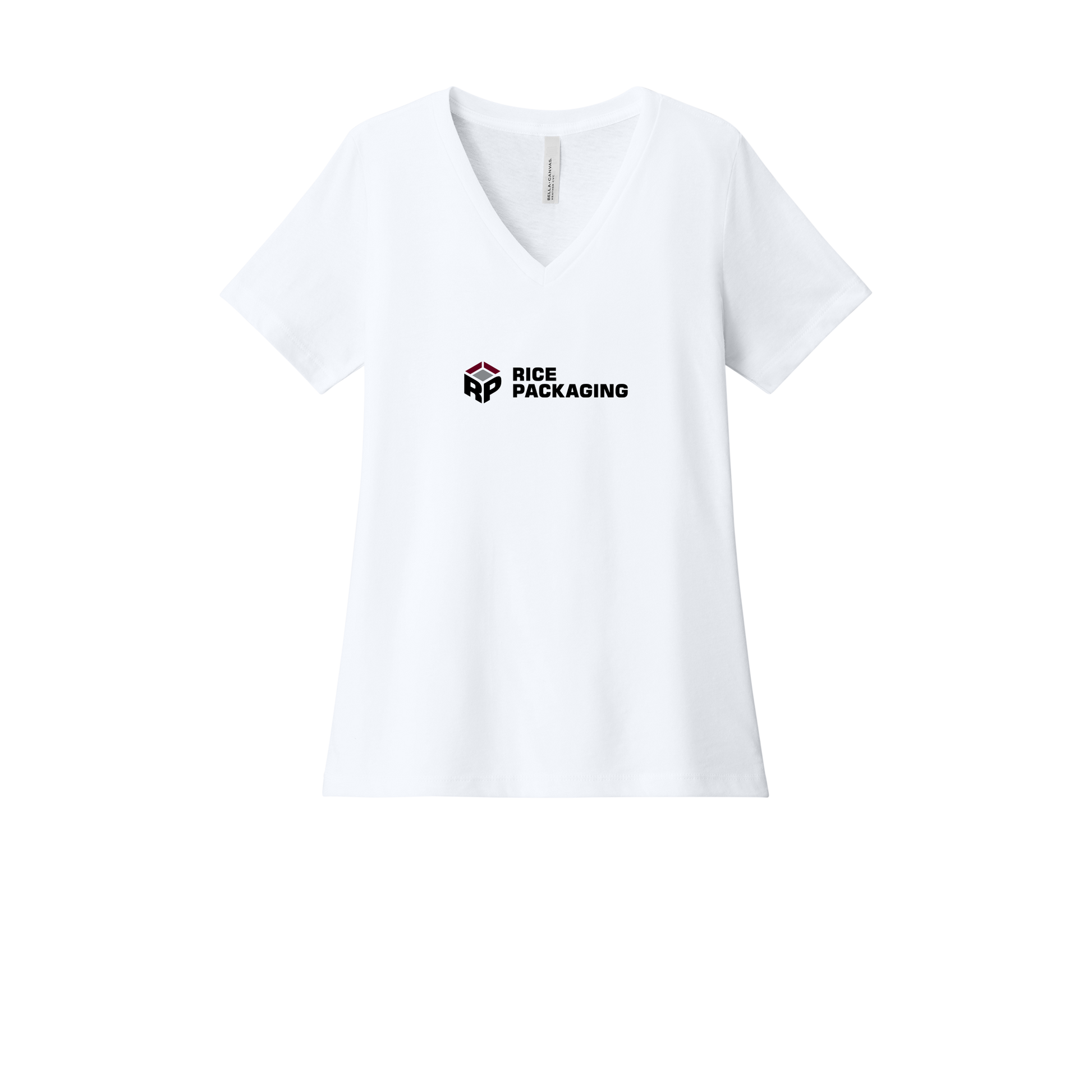 ricepackaging-womens-relaxed-v-neck-tee-dtf-front-6405CVC-solidwhiteblend-flat-front