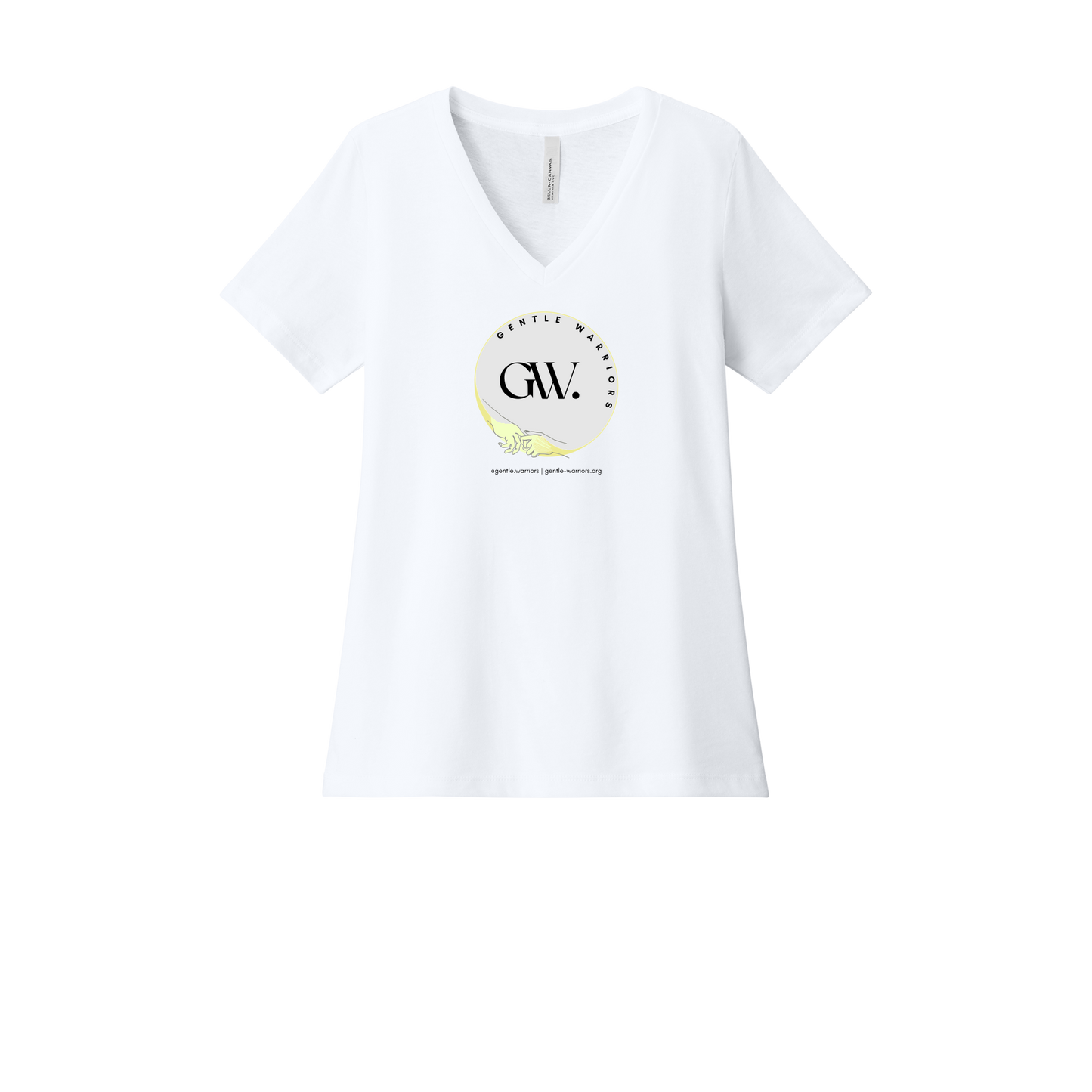 gentle-warriors-womens-relaxed-v-neck-tee-dtf-front-6405CVC-solidwhiteblend-flat-front