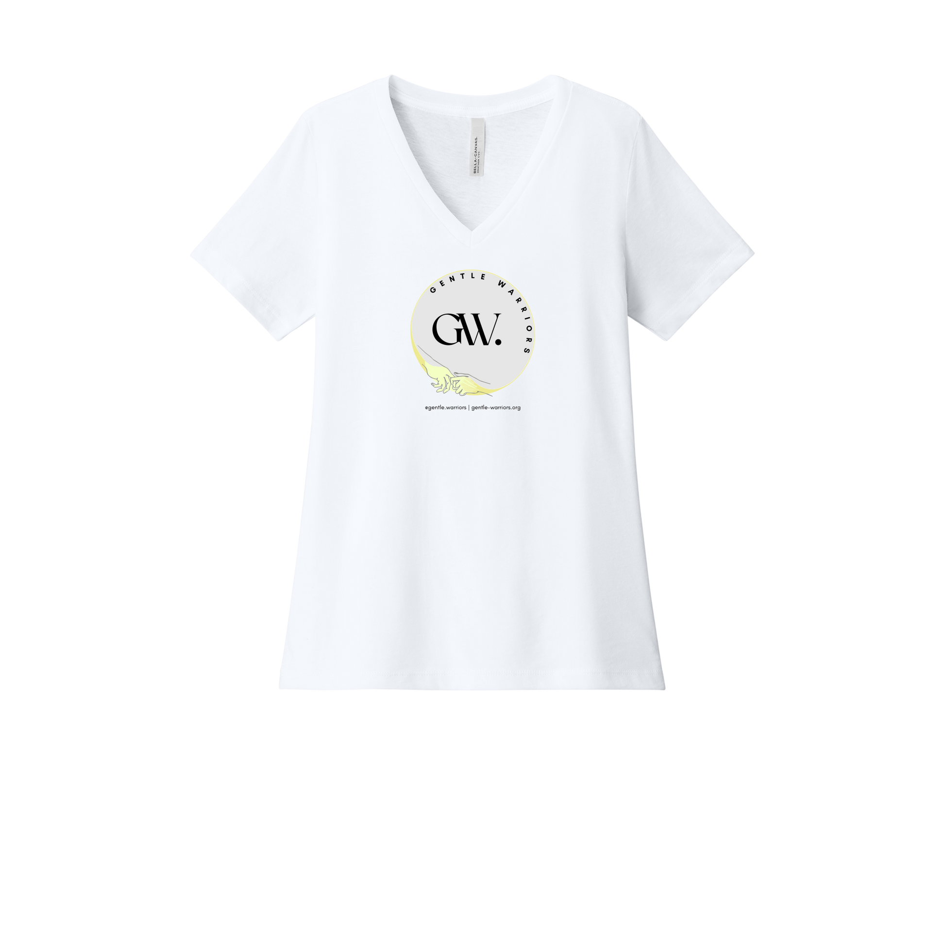 gentle-warriors-womens-relaxed-v-neck-tee-dtf-front-6405CVC-solidwhiteblend-flat-front