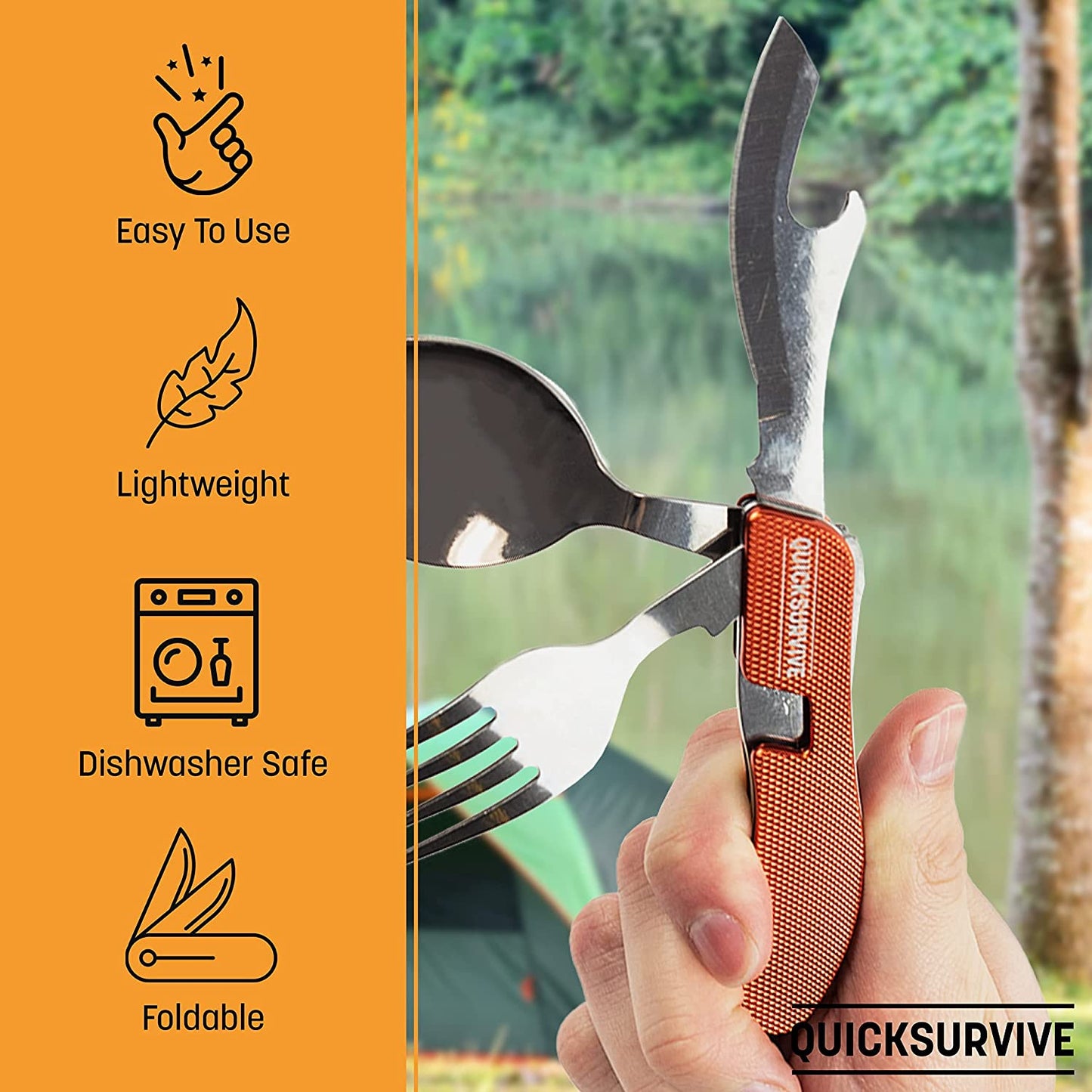 4-in-1 Pocket Camping Utensil Tool Stainless Steel Fork, Knife, Spoon, Bottle Opener by QUICKSURVIVE
