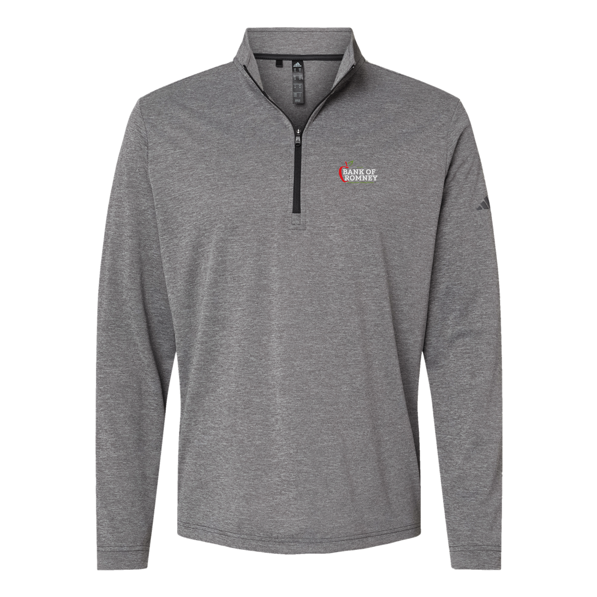 bankofromney-adidas-quarter-zip-embroidery-leftchest-A401-blackheather-flat-front