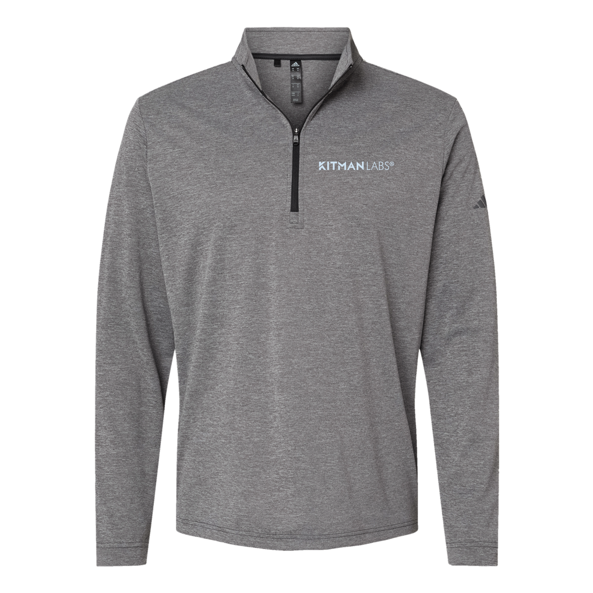 kitmanlabs-adidas-quarter-zip-embroidery-leftchest-A401-blackheather-flat-front