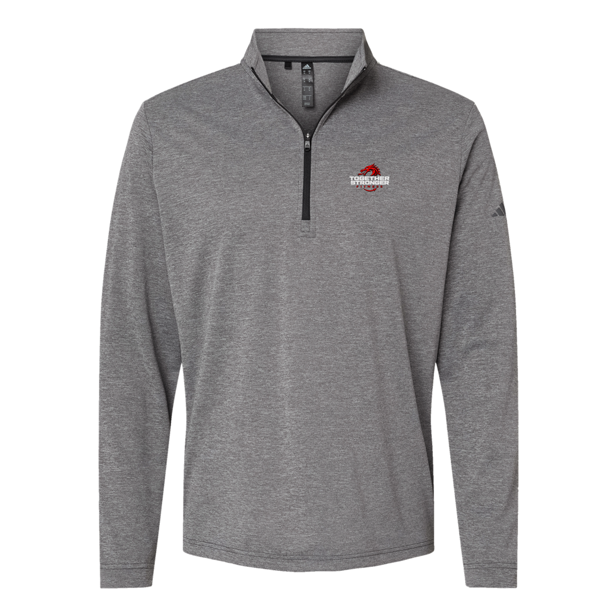 togetherstrongerfitness-adidas-quarter-zip-embroidery-leftchest-A401-blackheather-flat-front