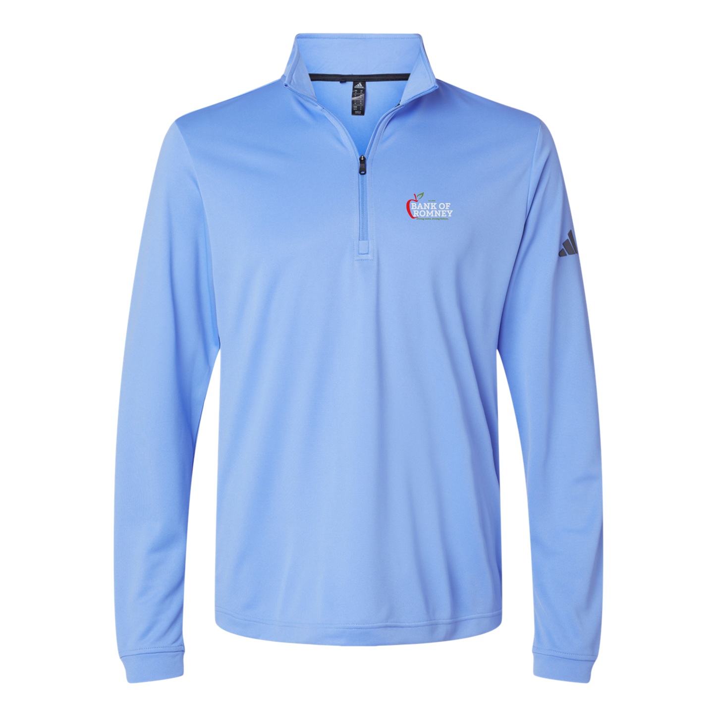 bankofromney-adidas-quarter-zip-embroidery-leftchest-A401-bluefusion-flat-front