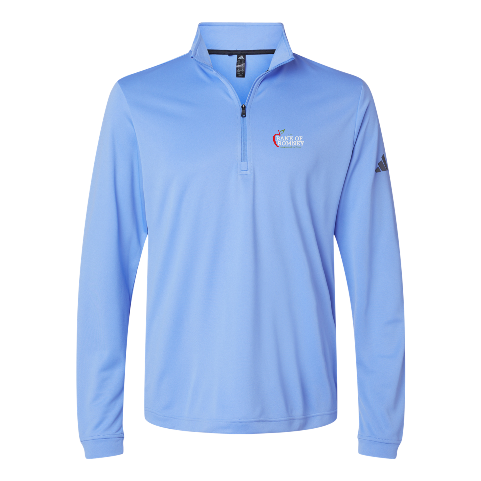 bankofromney-adidas-quarter-zip-embroidery-leftchest-A401-bluefusion-flat-front