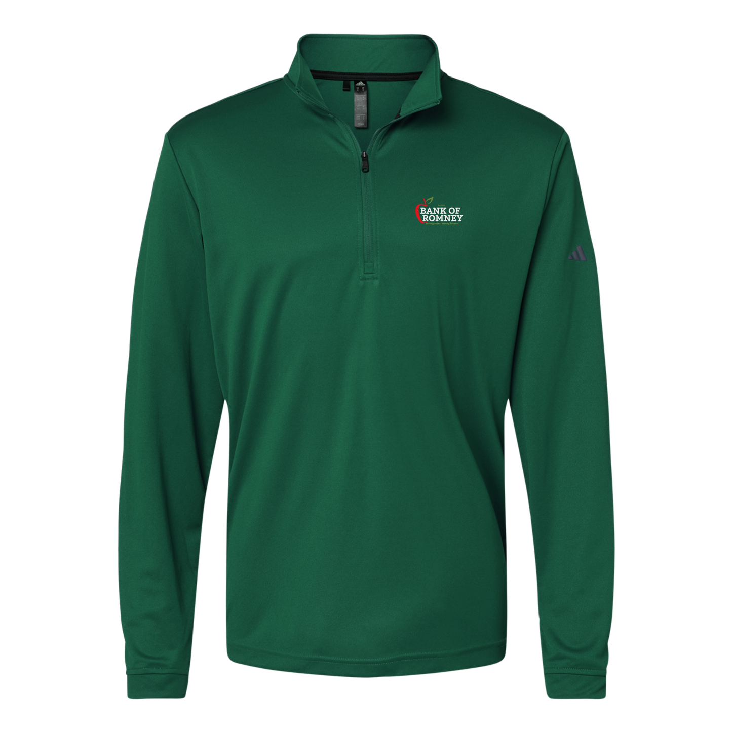 bankofromney-adidas-quarter-zip-embroidery-leftchest-A401-collegiategreen-flat-front