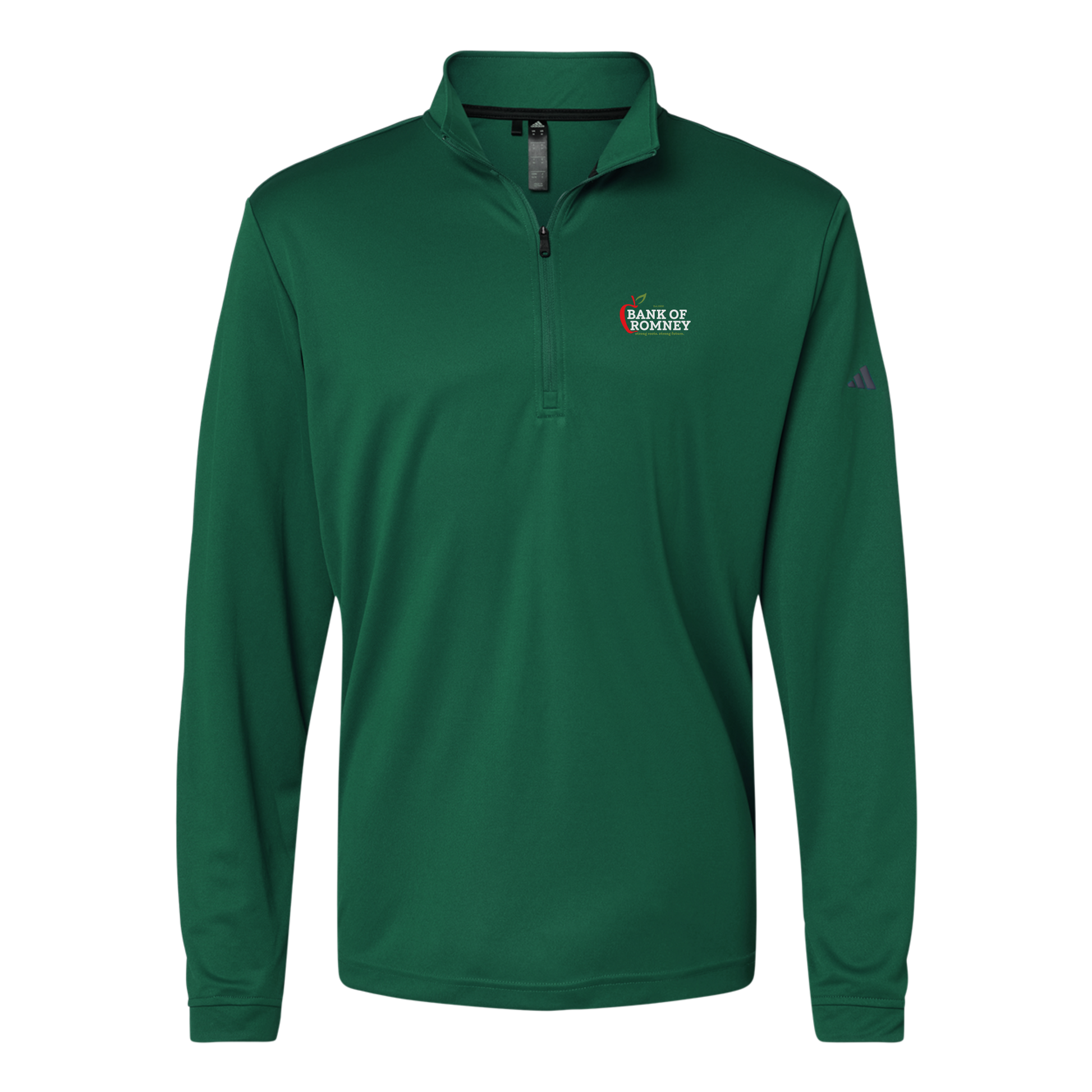 bankofromney-adidas-quarter-zip-embroidery-leftchest-A401-collegiategreen-flat-front