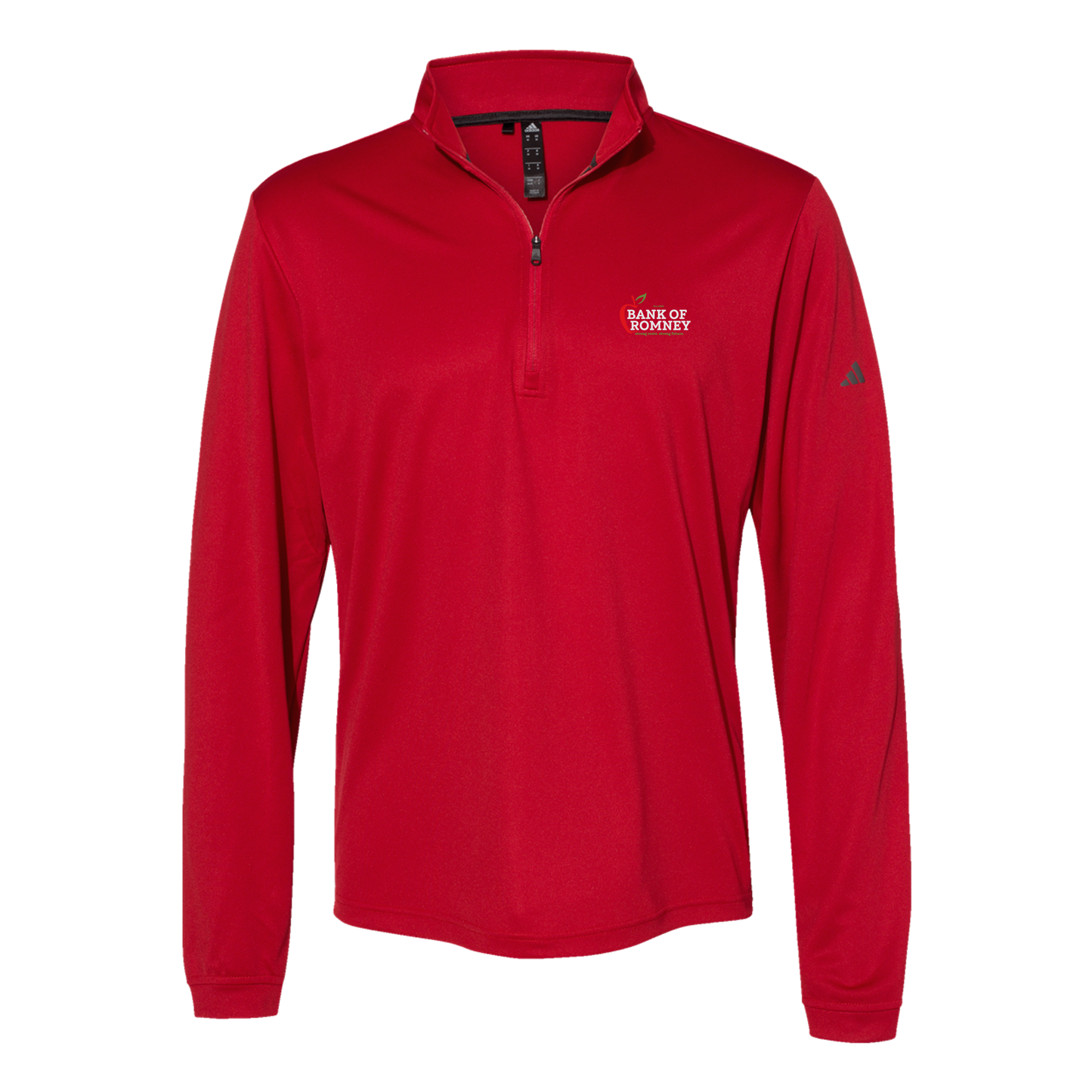 bankofromney-adidas-quarter-zip-embroidery-leftchest-A401-powerred-flat-front