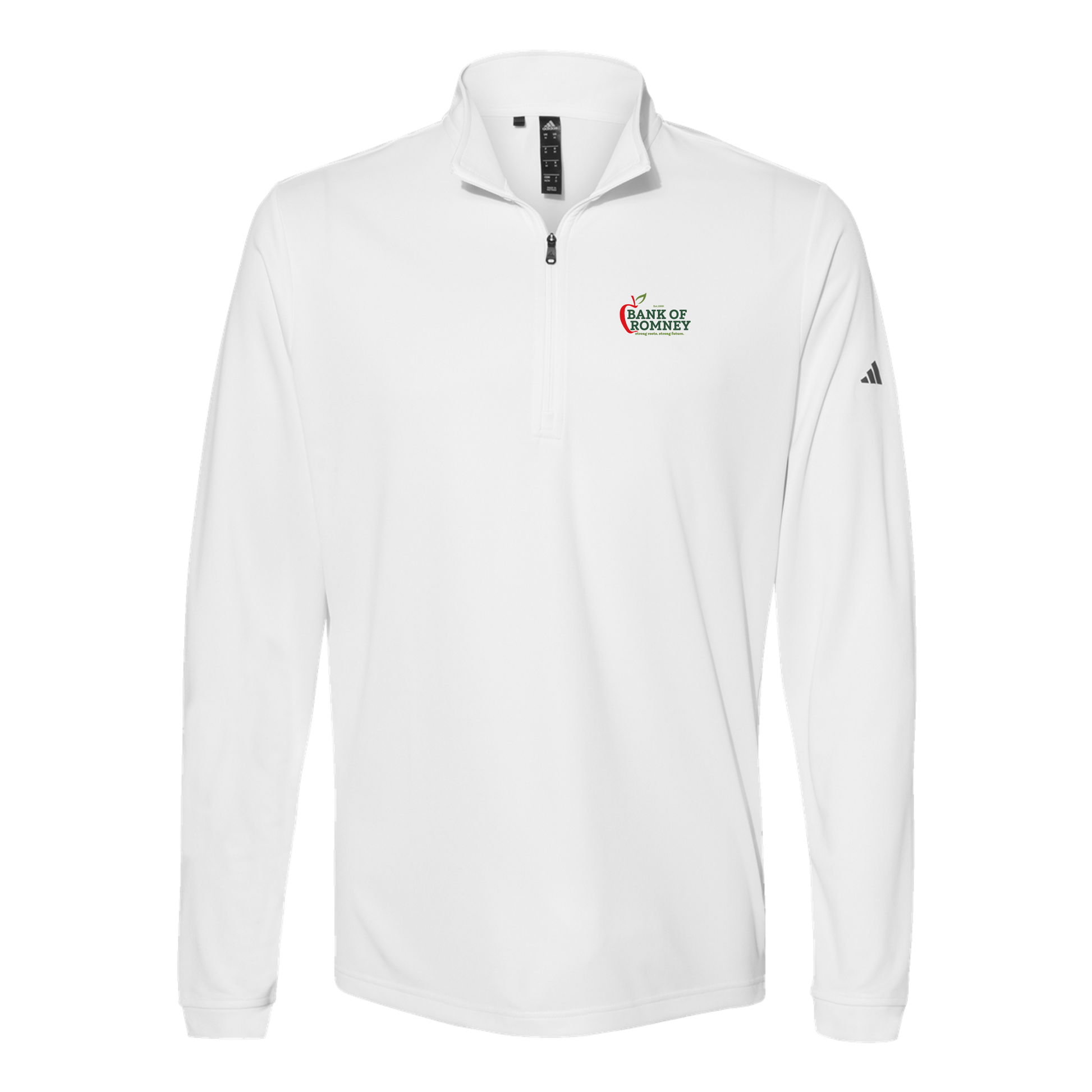 bankofromney-adidas-quarter-zip-embroidery-leftchest-A401-white-flat-front