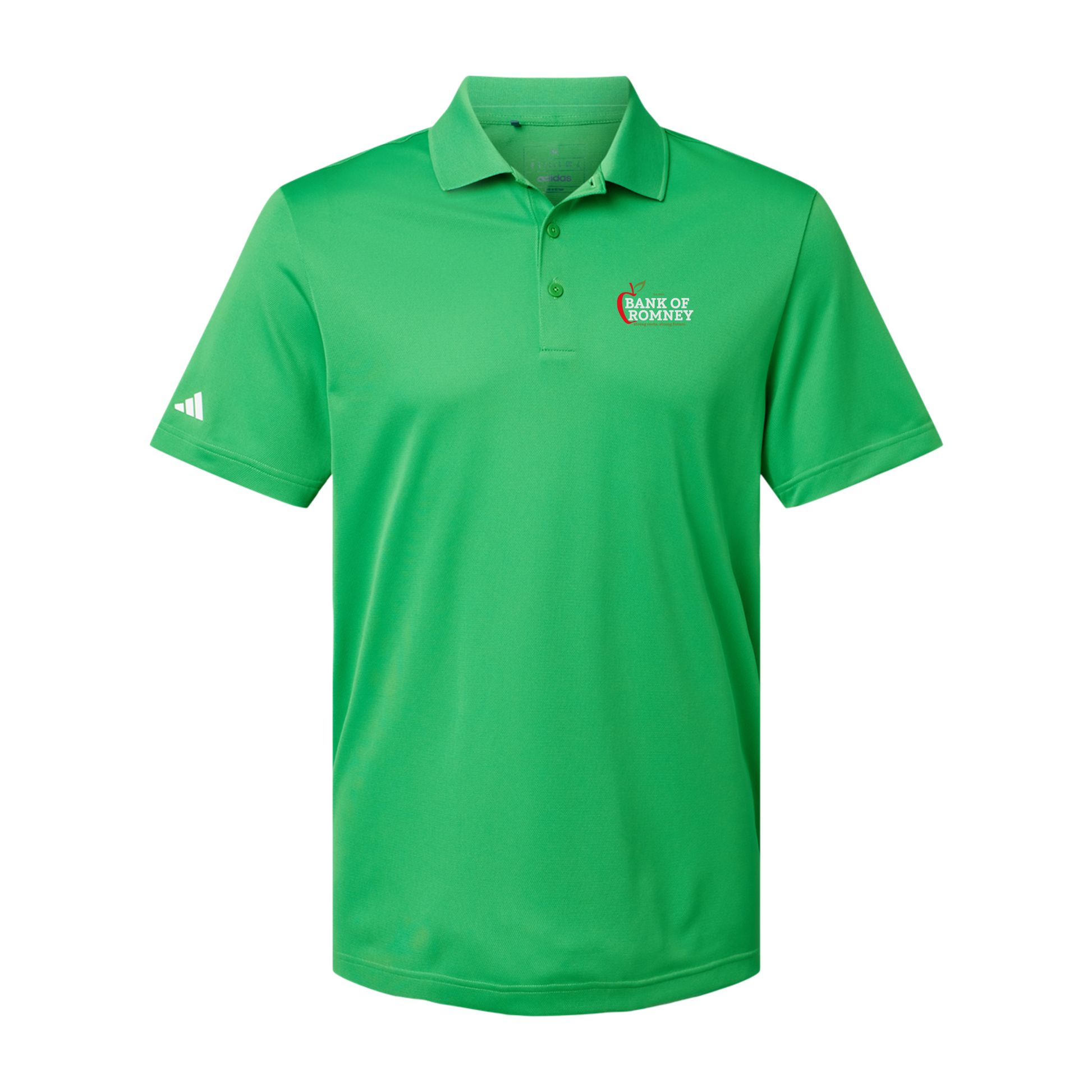 bankofromney-adidas-mens-sport-polo-shirt-embroidery-leftchest-A430-vividgreen-flat-front